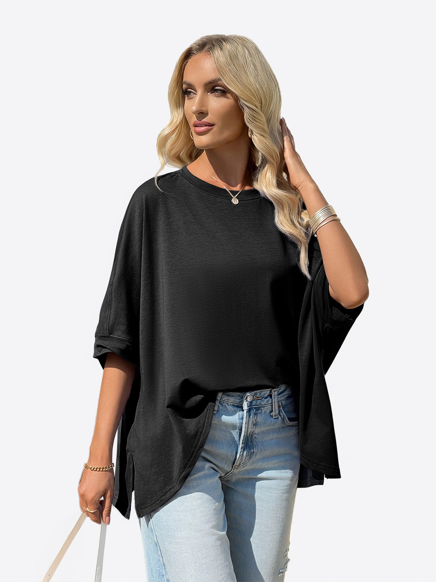 Imily Bela T-Shirt Damen Oversized Top mit Fledermausärmeln (Packung, 1-tlg., 1per-Pack) einfarbig