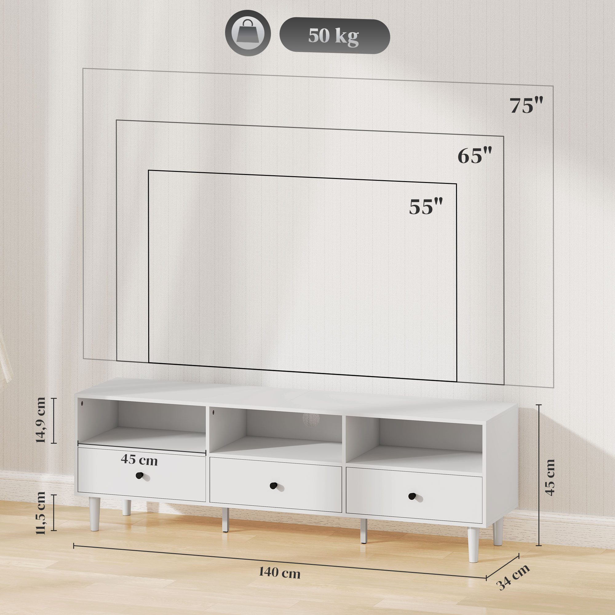 HOMCOM TV-Board TV Schrank mit Schubladen, 3 offenen Fächern (140 cm lang TV Kommode, 1 St., TV Lowboard mit Kabelmanagement), Fernsehtisch für Wohnzimmer Weiß  – Bild 3 von 5