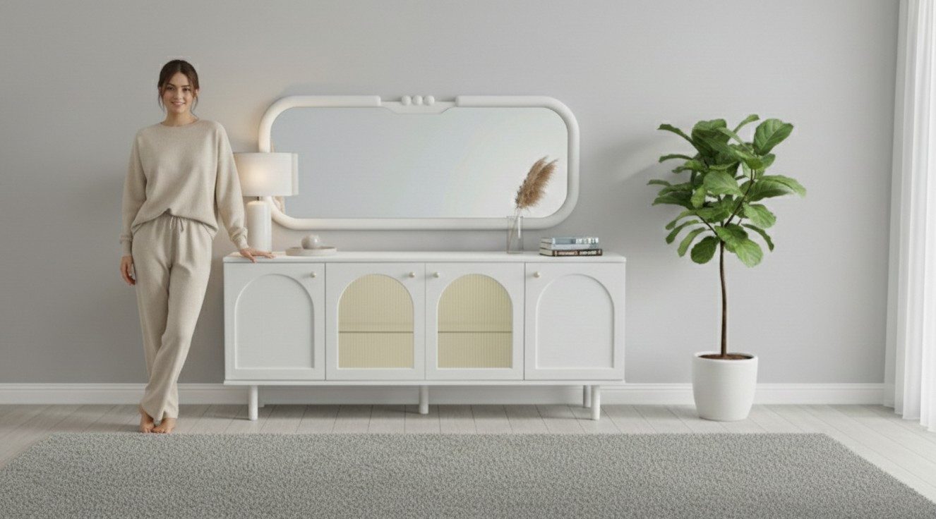 Xlmoebel Buffetaufsatz Modernes Sideboard mit Spiegel in Weiß aus Holz und Glas, (2-St), Made in Europa