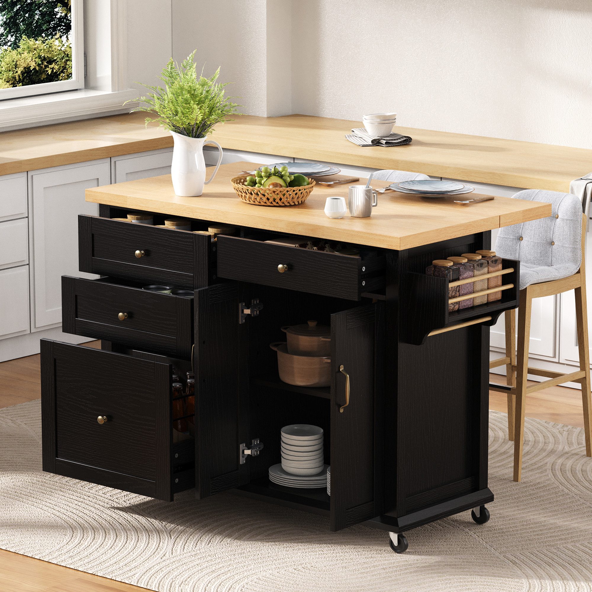 Odikalo Kücheninsel mit Rollen ausziehbar Esstisch Küchenwagen Multifunktions-Schubladen