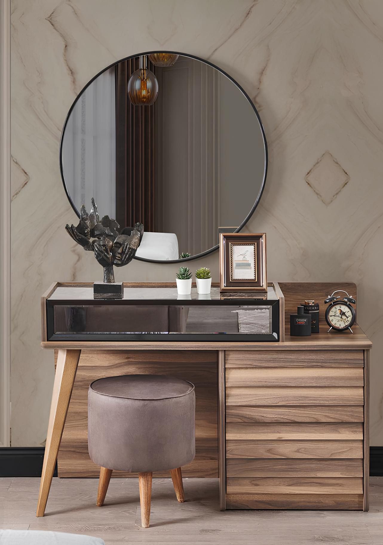 Schminktisch Holz Schminktisch mit Rundspiegel Schlafzimmer 2tlg Set Konsole