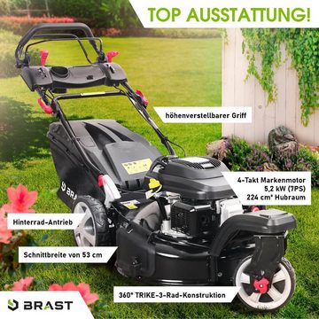 BRAST Benzinrasenmäher Trike mit Antrieb 5,2kW(7PS), 4 Takt OHV Motor, TÜV, 53 cm Schnittbreite, 30-80mm Schnitthöhe, 60L Fangkorb, Stahlgehäuse