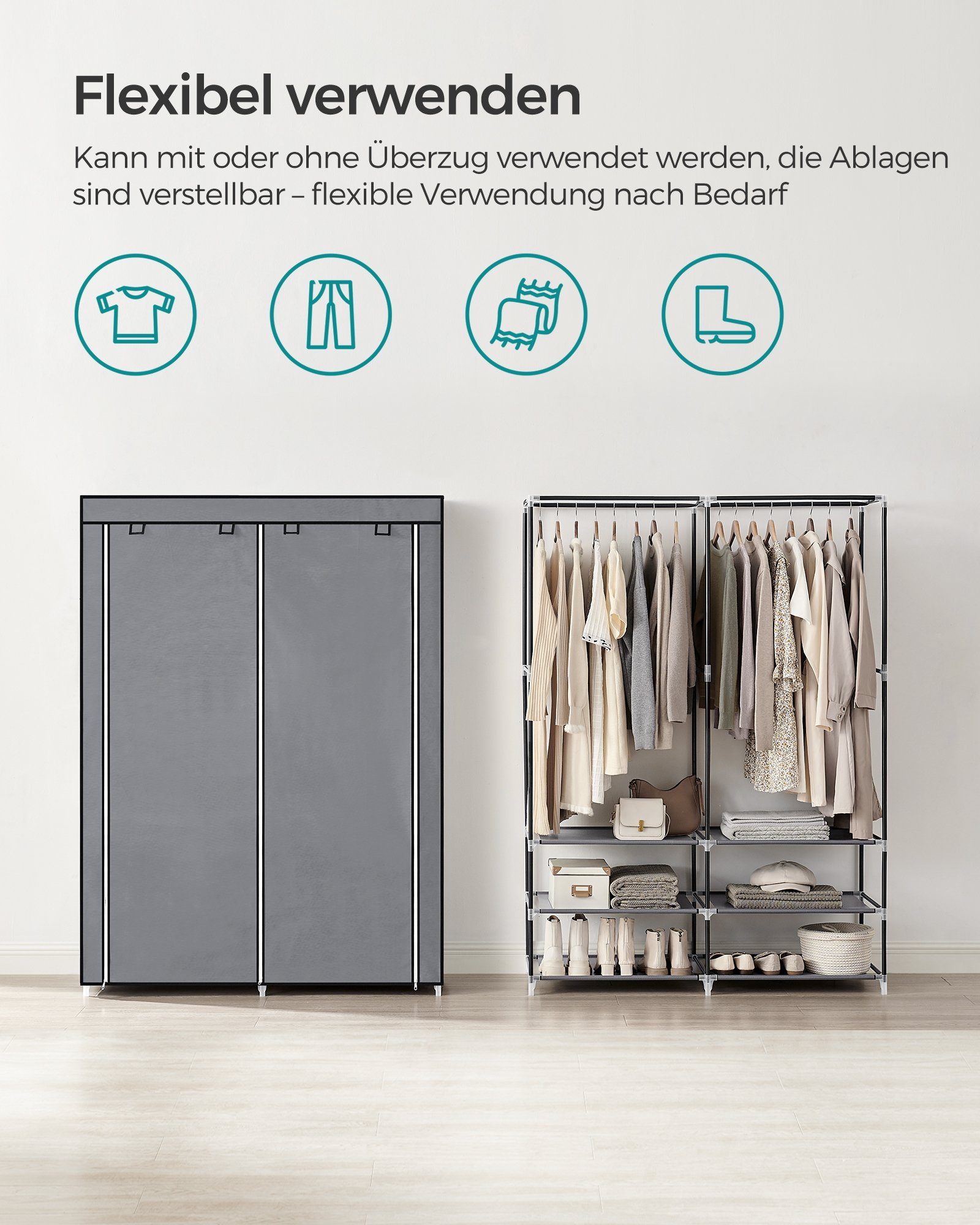 SONGMICS Kleiderschrank Stoffschrank, Schrank mit Kleiderstange, Ablagen, Seitentaschen, groß 45 x 127 x 176 cm, 2 Hängefächer, mit Ablagen, 4 Seitentaschen – Bild 4 von 5