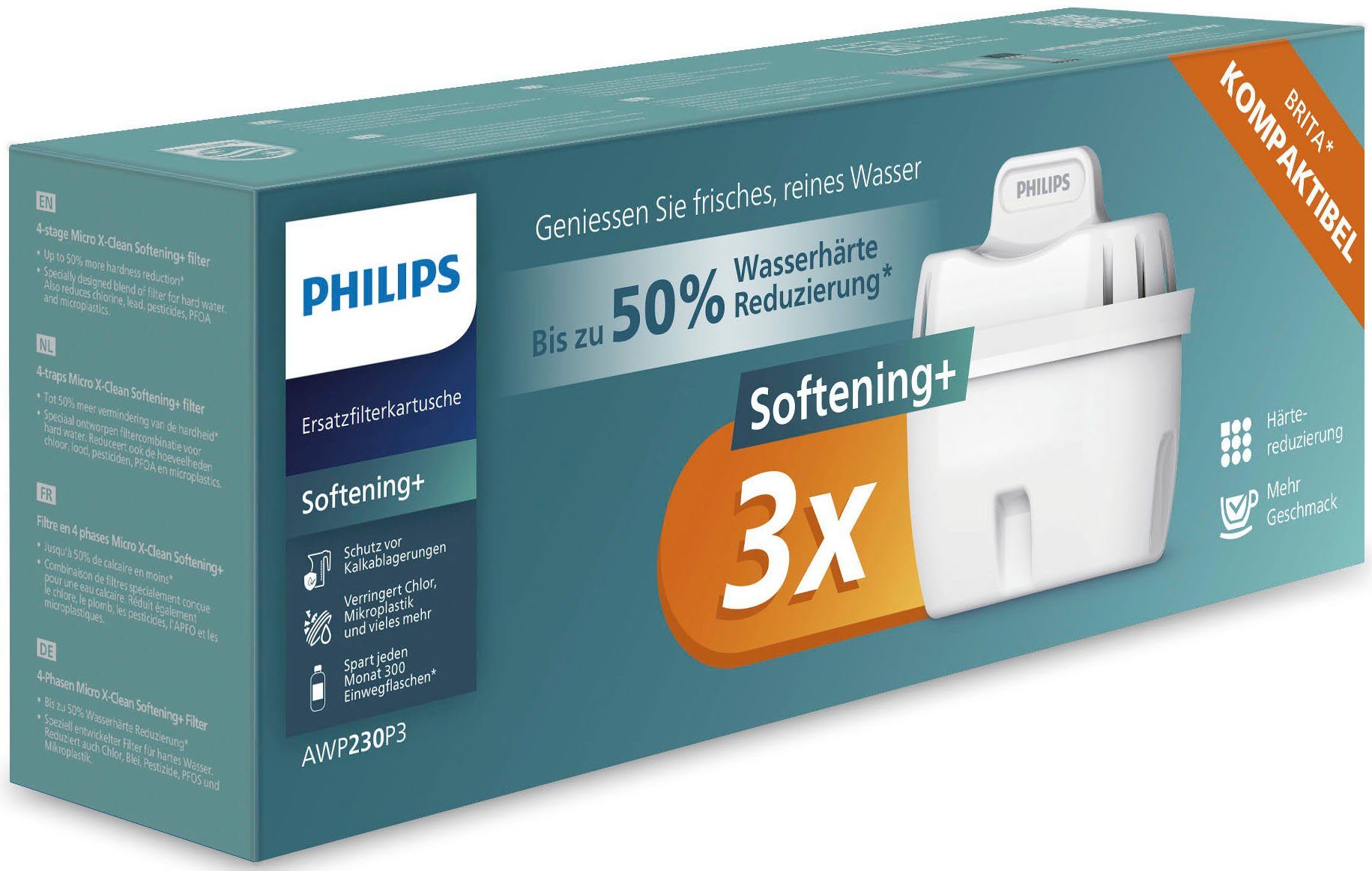 Philips Kalk- und Wasserfilter Micro X-Clean Softening, Zubehör für BRITA** MAXTRA**, MAXTRA+**, PerfectFit** und vielen anderen ovalen Filterkannen sowie ovale Philips Filterkannen., 3er Set Kalk- und Wasserfilter