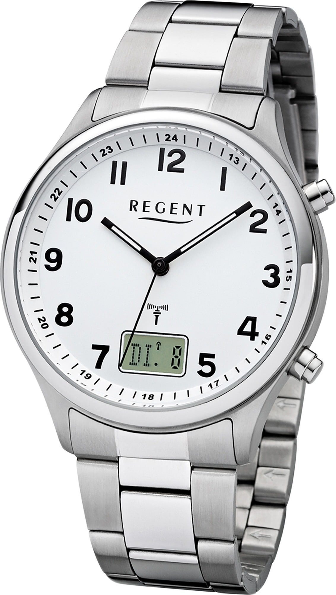 Regent Funkuhr Regent BA-444, (ca. 40mm) Uhr Metall Herren groß rundes Metallarmband Gehäuse, silber, Herrenuhr