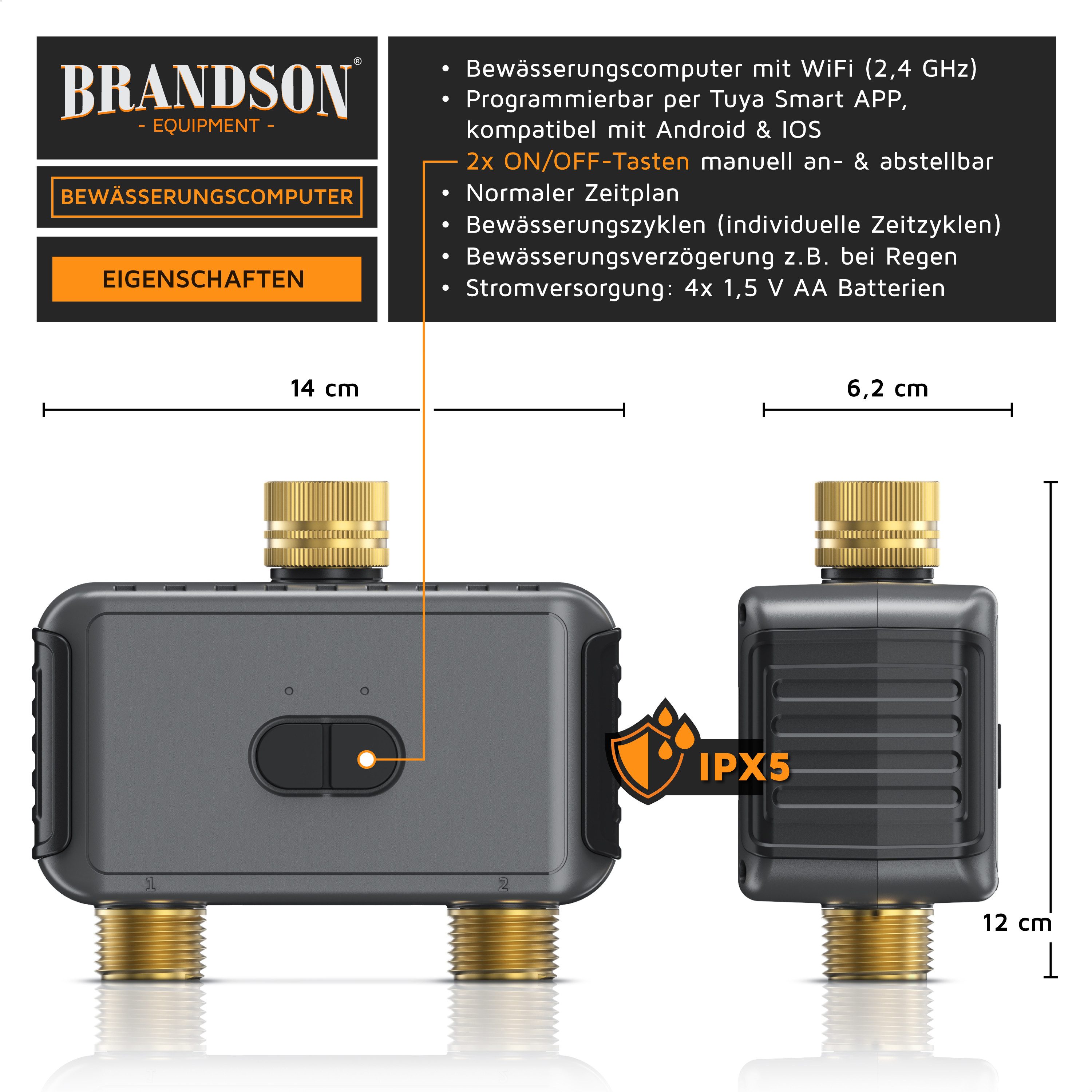 Brandson Bewässerungscomputer Smart, APP, WLAN, 2-Zonen Bewässerungssystem, Garten Bewässerungstimer, (Set, inkl. Adapter-Set & Dichtungsband), Automatische Bewässerung, Tuya Smart, Alexa/Google, Regenverzögerung