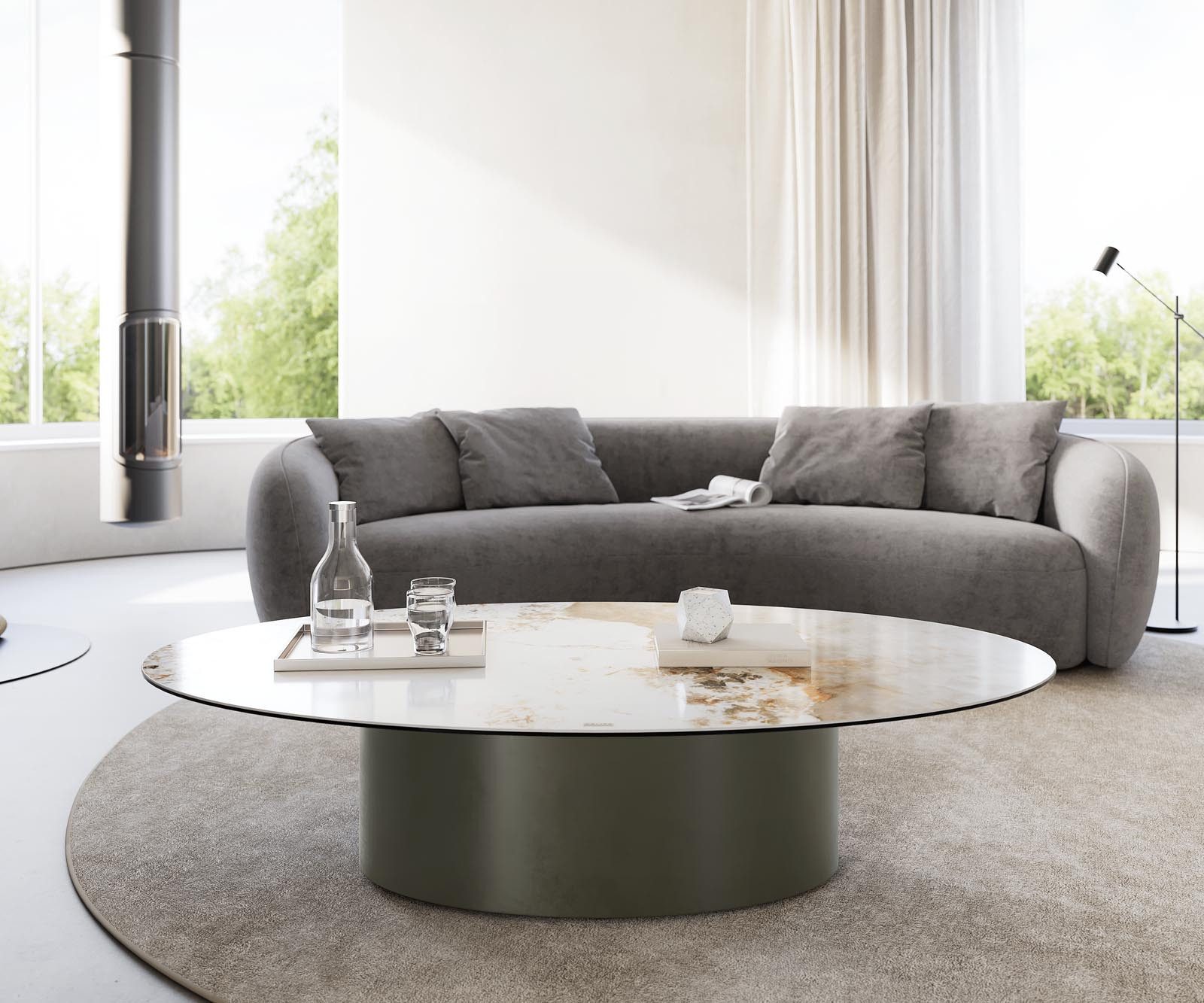 DELIFE Couchtisch Casilda, Keramik Minas Melange Weiß-Beige 150x90 cm Mittelfuß Effektfinish Tita