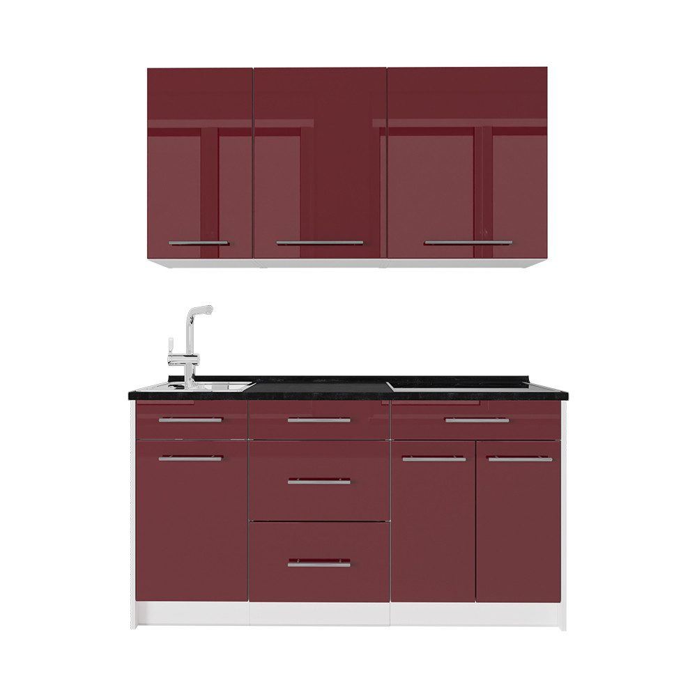 Vicco Küchenzeile Fame-Line, Bordeaux Hochglanz/Weiß, 150 cm, AP Anthrazit