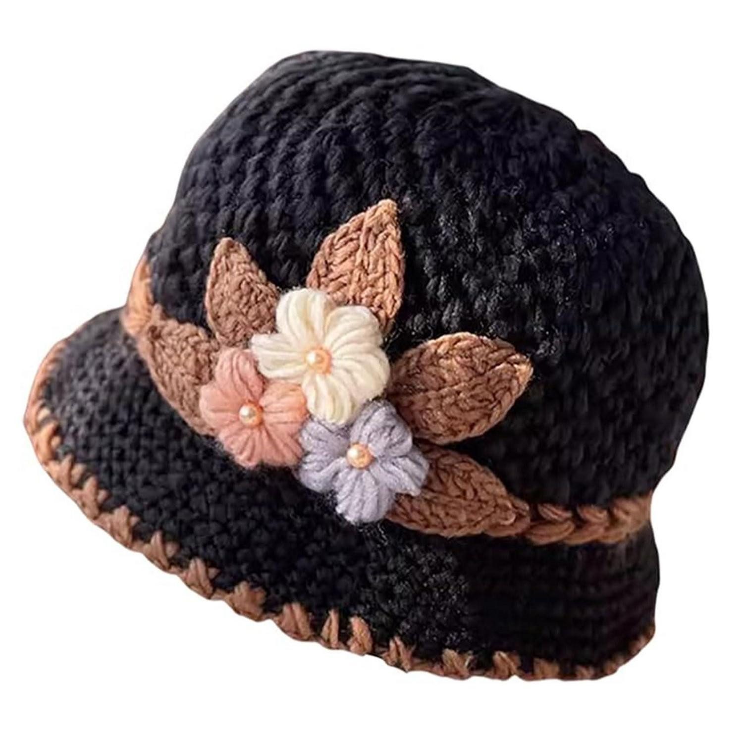 LuxusKollektion Strickmütze Strickmütze Blumen Vintage Häkel Beanie Damen Schwarz (1-St)
