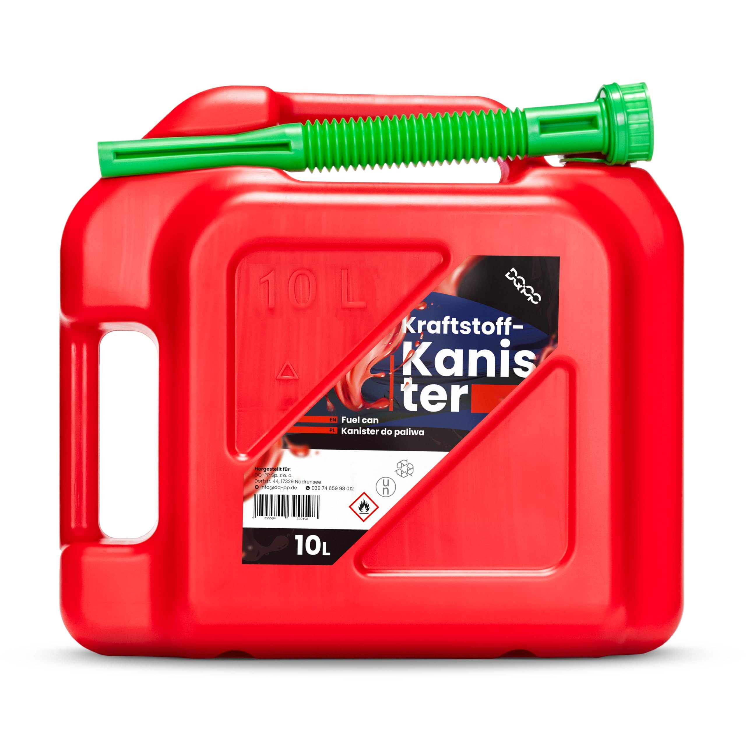 DQ-PP Benzinkanister DQ-PP Kraftstoffkanister mit flexiblem Ausgießer, 10 Liter, Rot, Benzinkanister, Reservekanister, UN-Zulassung Dieselkanister