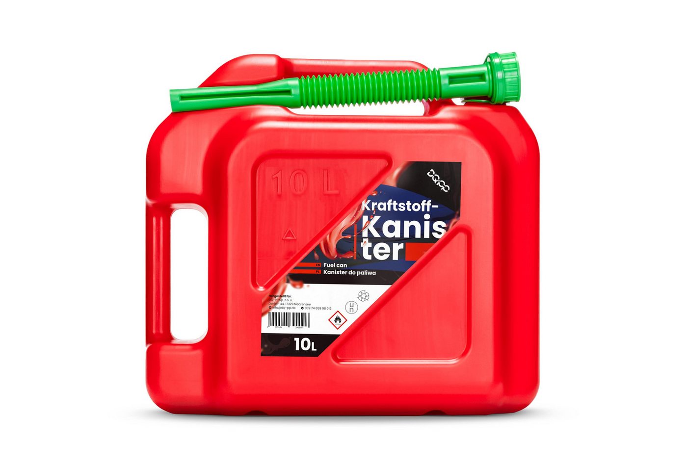 DQ-PP Benzinkanister DQ-PP Kraftstoffkanister mit flexiblem Ausgießer, 10 Liter, Rot, Benzinkanister, Reservekanister, UN-Zulassung Dieselkanister