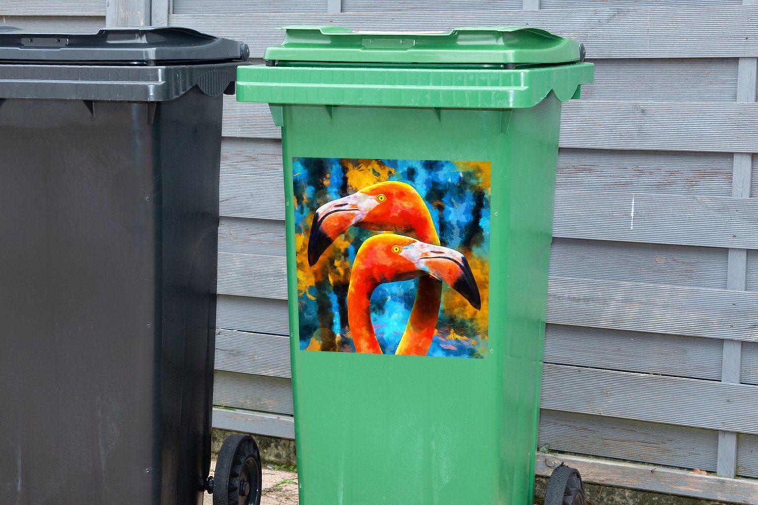 (1 Ölgemälde Mülltonne, Container, Abfalbehälter Mülleimer-aufkleber, - St), MuchoWow - Flamingo Sticker, Vogel Wandsticker