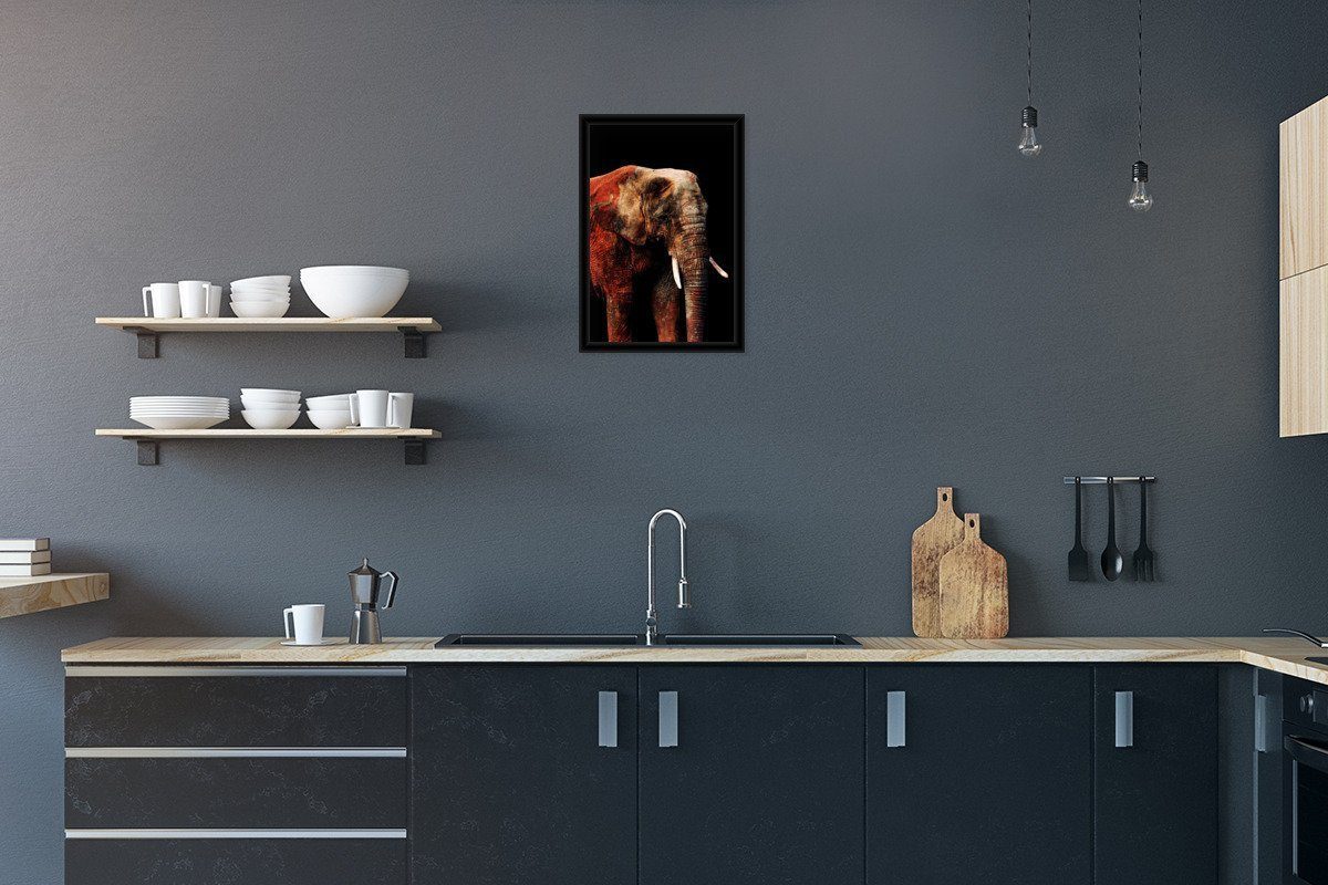 MuchoWow Poster Elefant - Tiere - Rot, (1 St), Gerahmtes Poster, Wanddeko, Bilder, Wandposter, Schwarzem Bilderrahmen