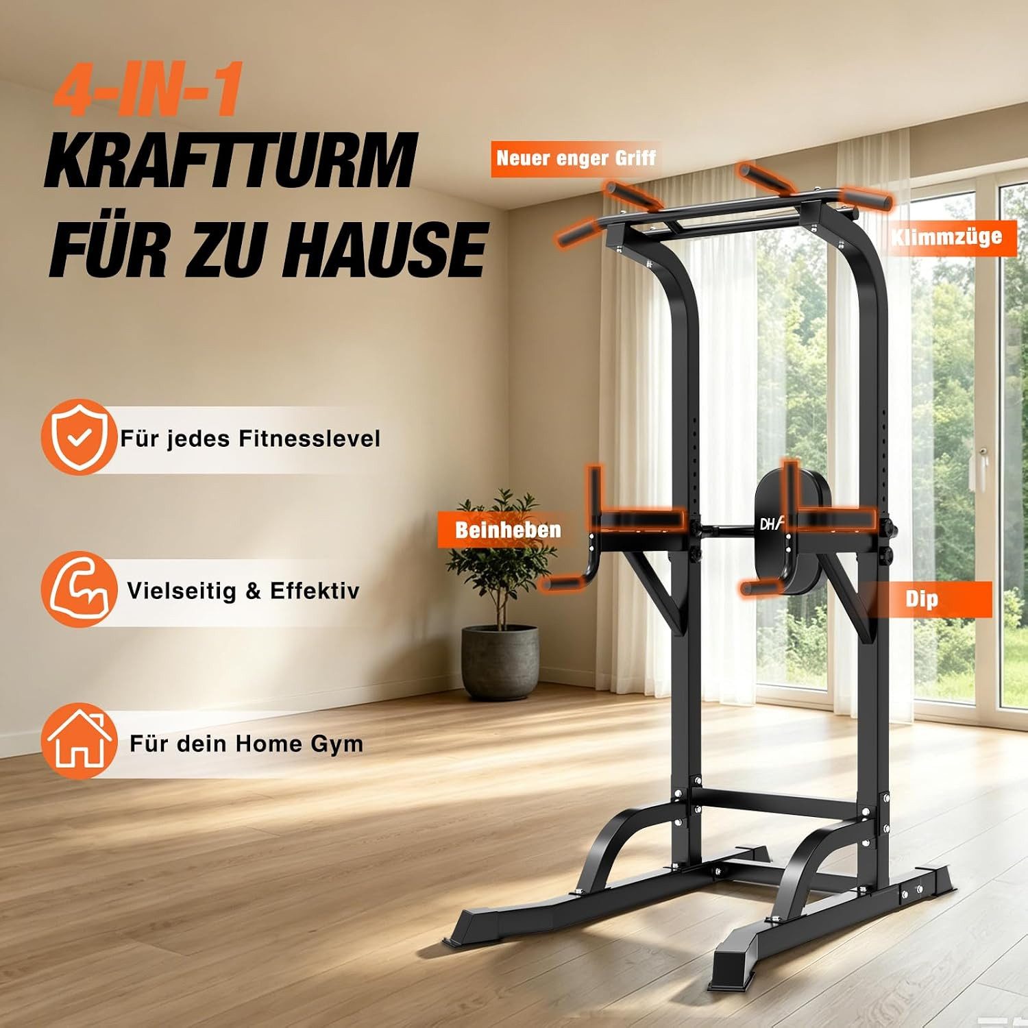 DH FitLife Kraftstation Power Tower mit Klimmzugstange und Dip Station, (Dip Barren 300kg, Pull Up Bar 150kg), höhenverstellbar für Ganzkörpertraining Zuhause