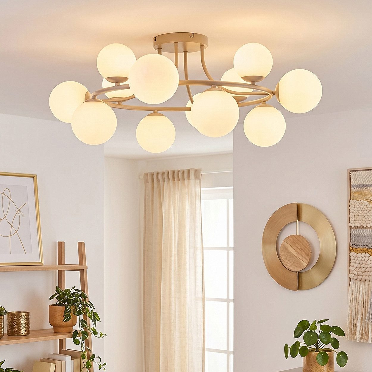 hofstein Deckenleuchte Deckenlampe aus Metall/Milchglas in Sandfarben/Weiß, moderne Deckenleuchte im Retro/Vintage/Boho-Design, 12 x G9