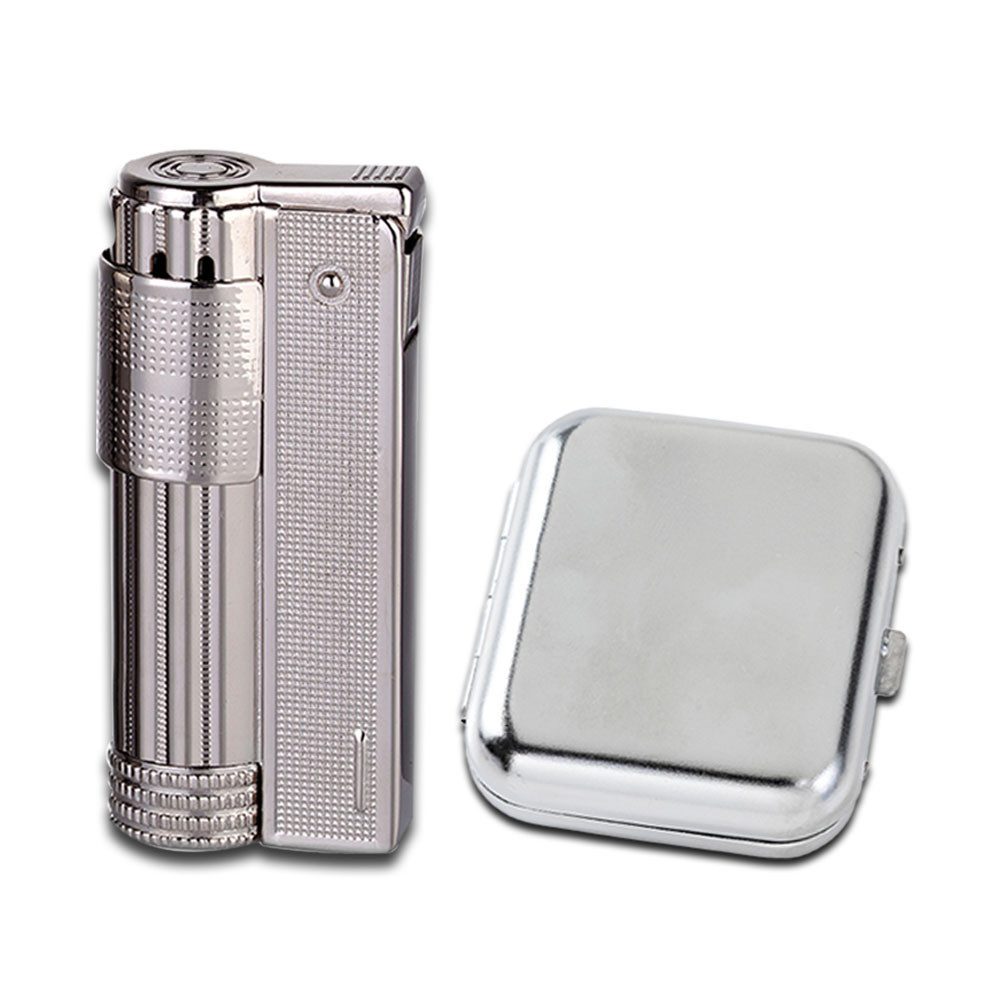 Coumo Feuerzeug Set Retro Silber Antik Design Feuerzeug + Taschenaschenbecher, Piezo Zündung, Geschenkverpackung