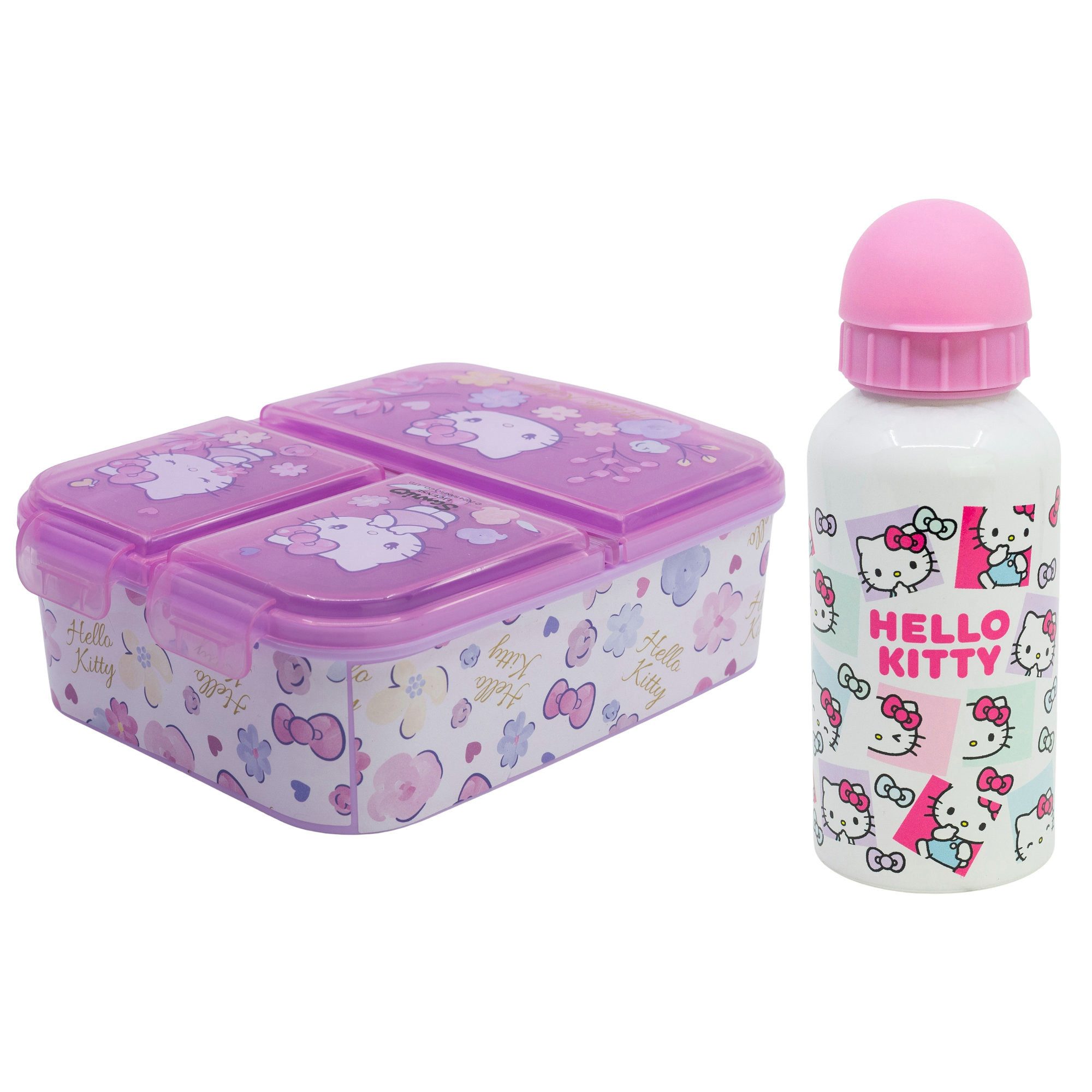 Hello Kitty Lunchbox Hello Kitty 2 tlg. Lunch Set 3 Kammer Brotdose Alu Trinkflasche 400 ml, (2-tlg., Spar-Set)
