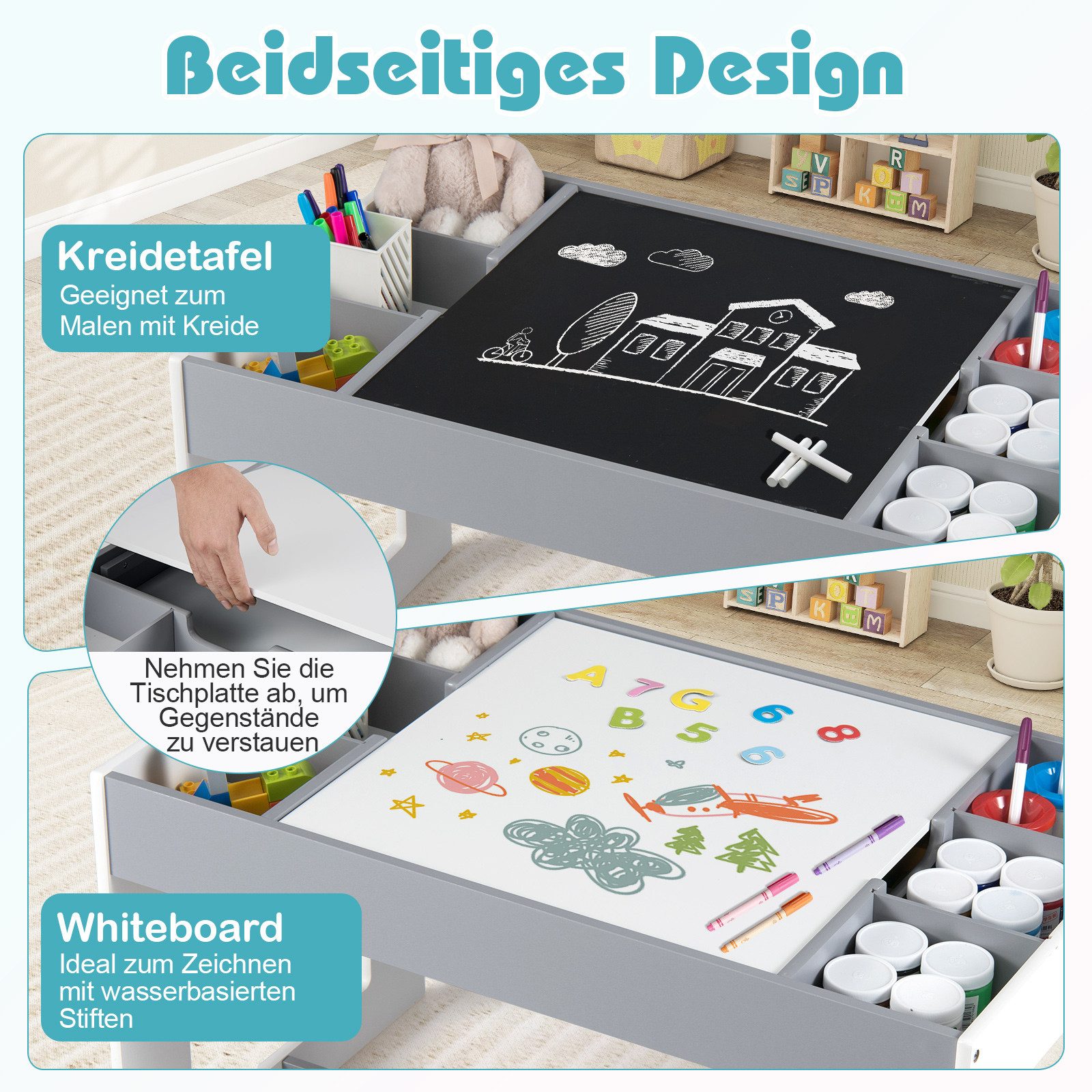 COSTWAY Kindersitzgruppe, (3-tlg), mit 2 Stühle, doppelseitiger Tischplatte