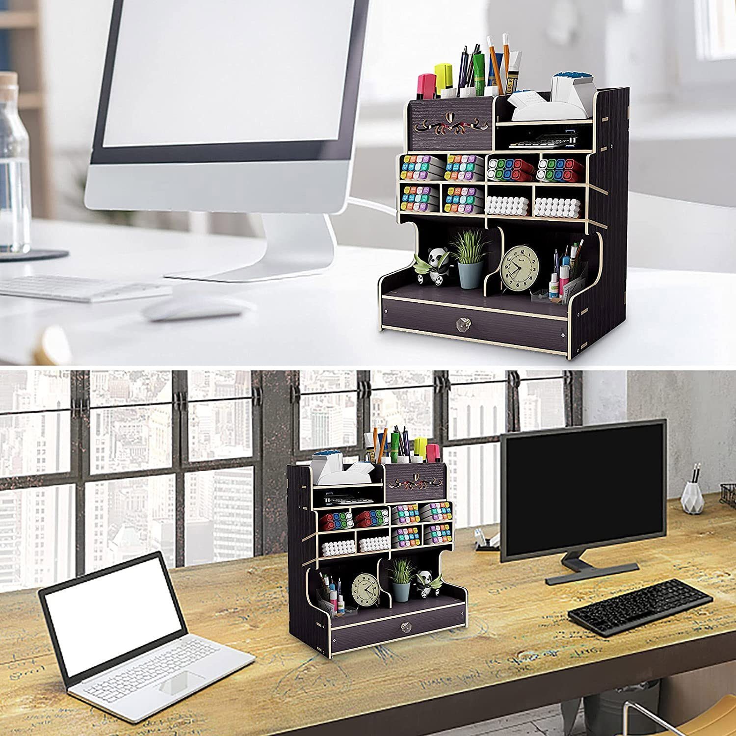 Schreibtisch-Organizer Regal-Schreibtisch für Heimwerker, Schwarz Holz zggzerg Stiftehalter aus