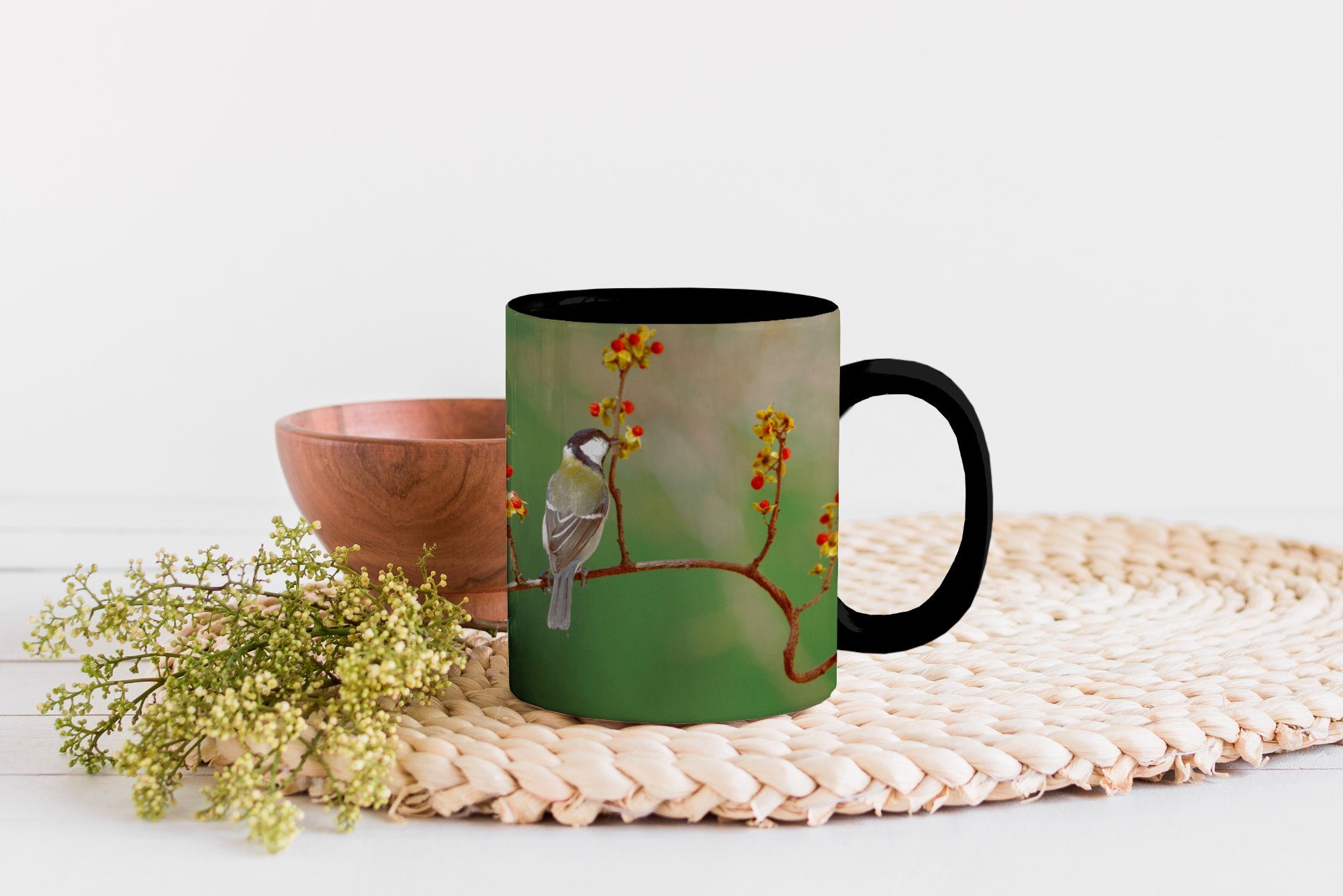 Kohlmeise einem Geschenk Keramik, MuchoWow auf Teetasse, Kaffeetassen, bunten Tasse Farbwechsel, Zweig, Zaubertasse,