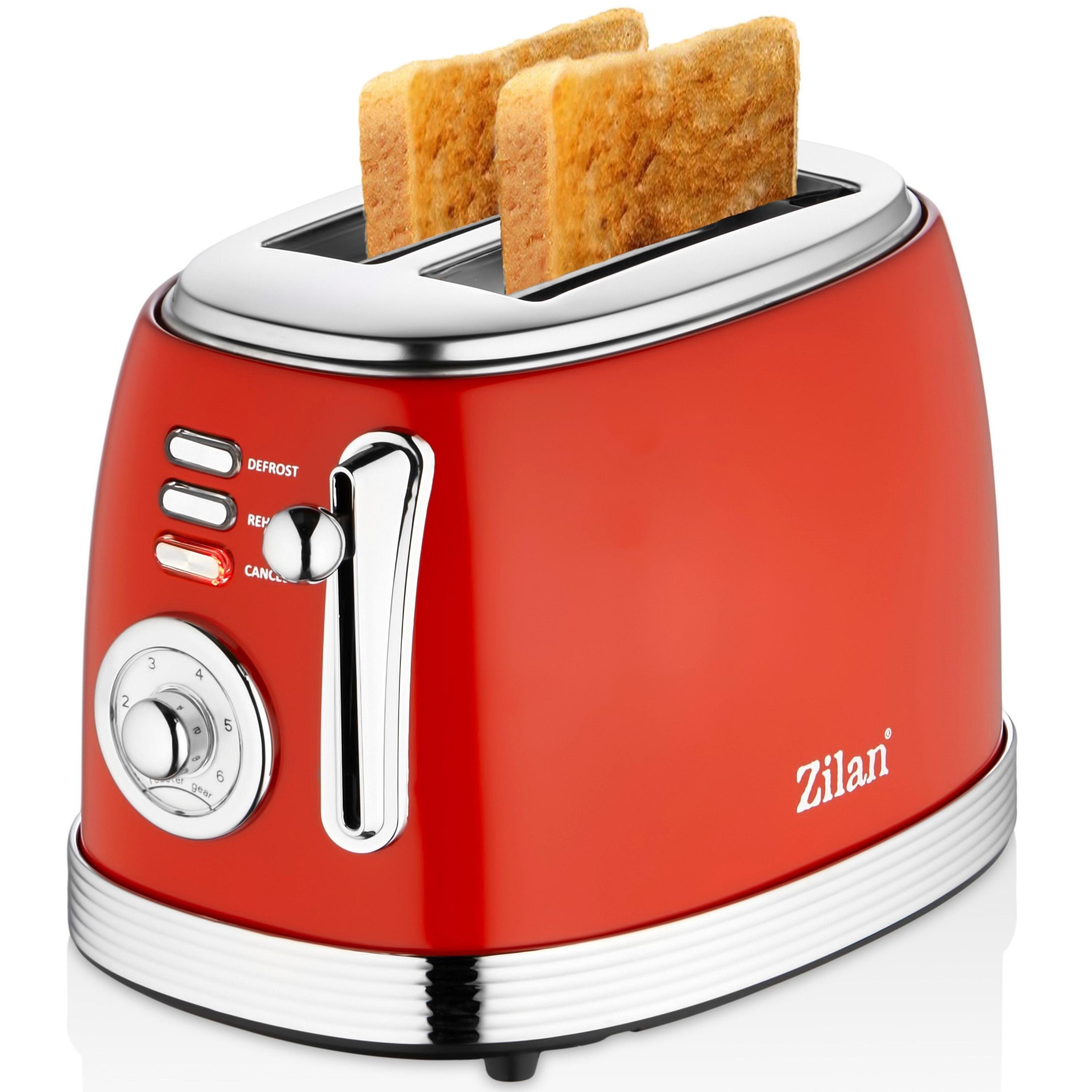 Zilan Toaster ZLN-7040, 2 Schlitze, für 4 Scheiben, 850 W, Rotes Retro-Gehäuse, mit Krümelschublade und Anti-Rutsch-Füßen