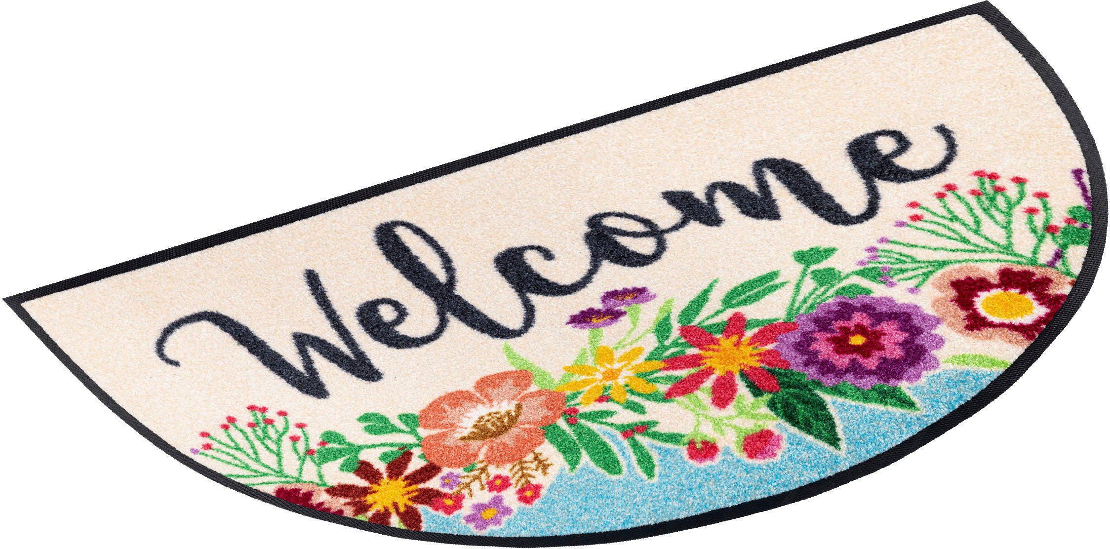 Fußmatte Round Welcome Blooming, wash+dry by Kleen-Tex, halbrund, Höhe: 7 mm, Schmutzfangmatte, Motiv Blumen, mit Spruch, rutschhemmend, waschbar | Fußmatten