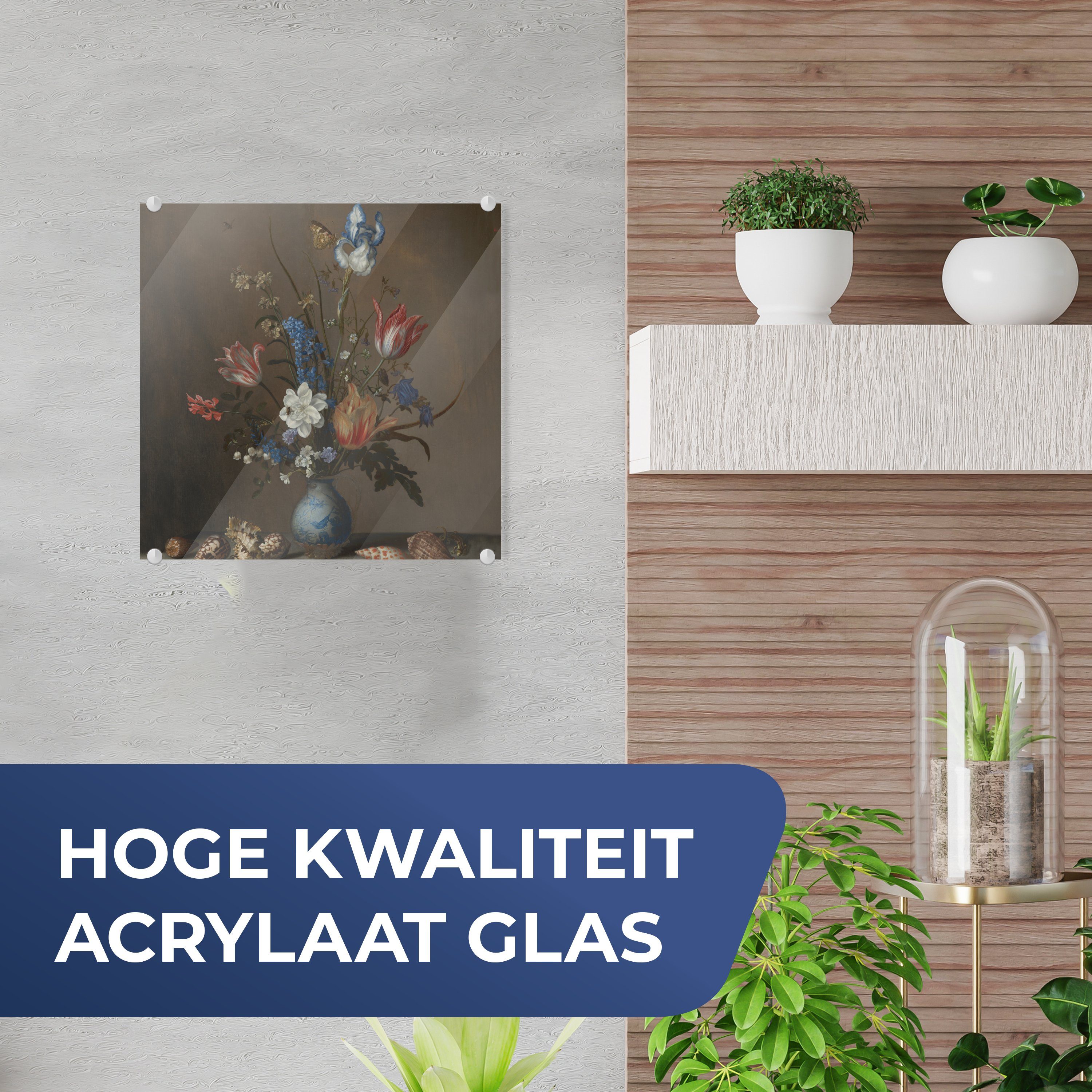 Wandbild - von Blumen Muscheln - Foto Glasbilder Acrylglasbild St), Glas Glas einer MuchoWow - Bilder in auf (1 van, Wan-Li-Vase bunt Gemälde Wanddekoration auf - und Balthasar