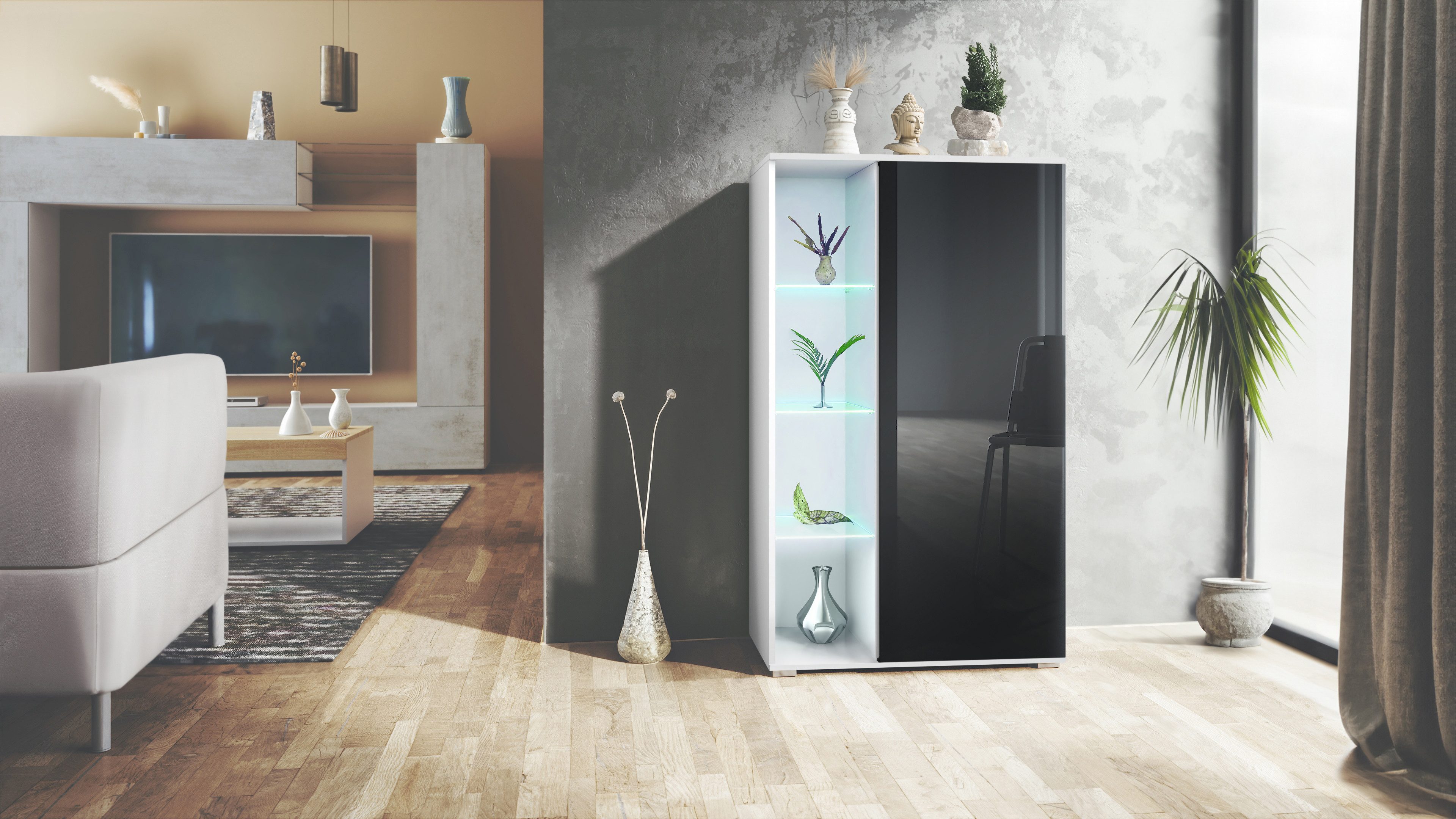 Vladon Standvitrine Davos (Standvitrine, mit 3 Glasböden und 8 Fächer inkl. LED) Weiß matt/Schwarz Hochglanz (71,5 x 134 x 35 cm)