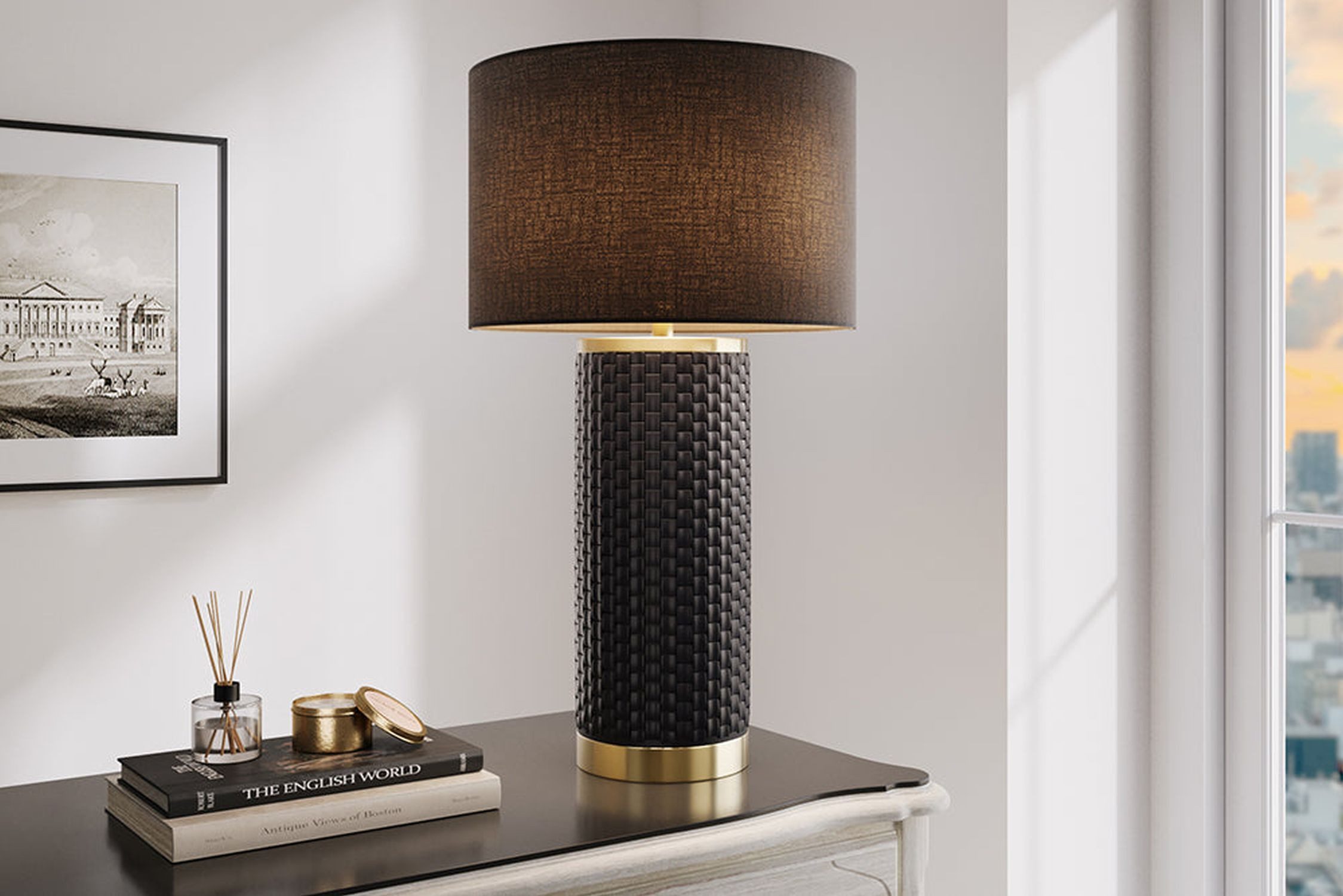 Licht-Erlebnisse Nachttischlampe PABLO, ohne Leuchtmittel, Keramik Stoff 70 cm hoch in Schwarz Gold E27 Modern