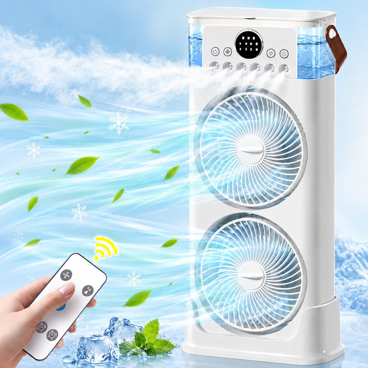 MOPUEA Ventilatorkombigerät Luftkühler 4 in1 Klimaanlage mit Fernbedienung Kühlspray Timer leise, Ventilator Tischventilator Akku-Standventilator LED-Licht Wassertank