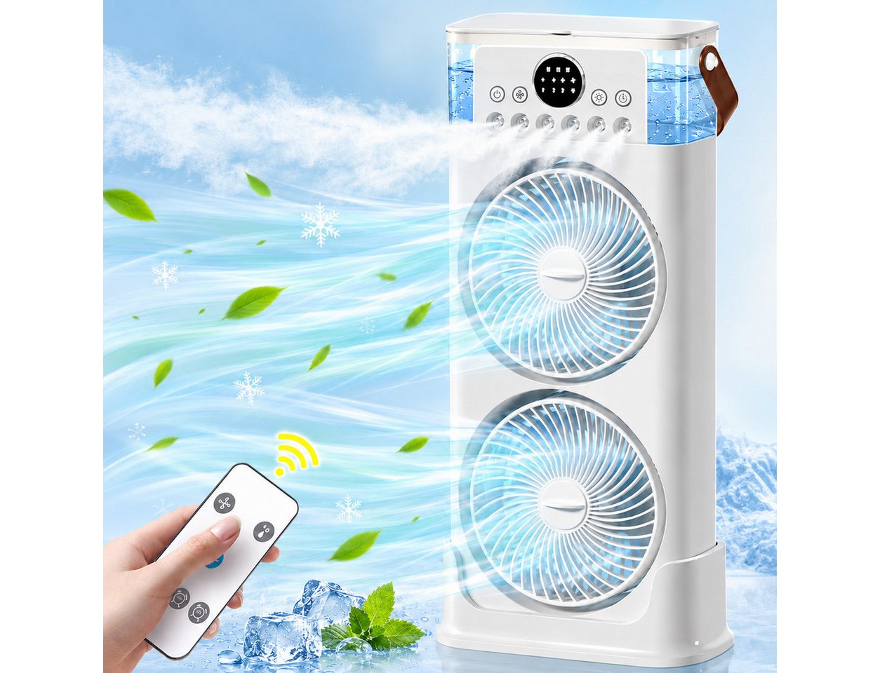 MOPUEA Ventilatorkombigerät Luftkühler 4 in1 Klimaanlage mit Fernbedienung Kühlspray Timer leise, Ventilator Tischventilator Akku-Standventilator LED-Licht Wassertank