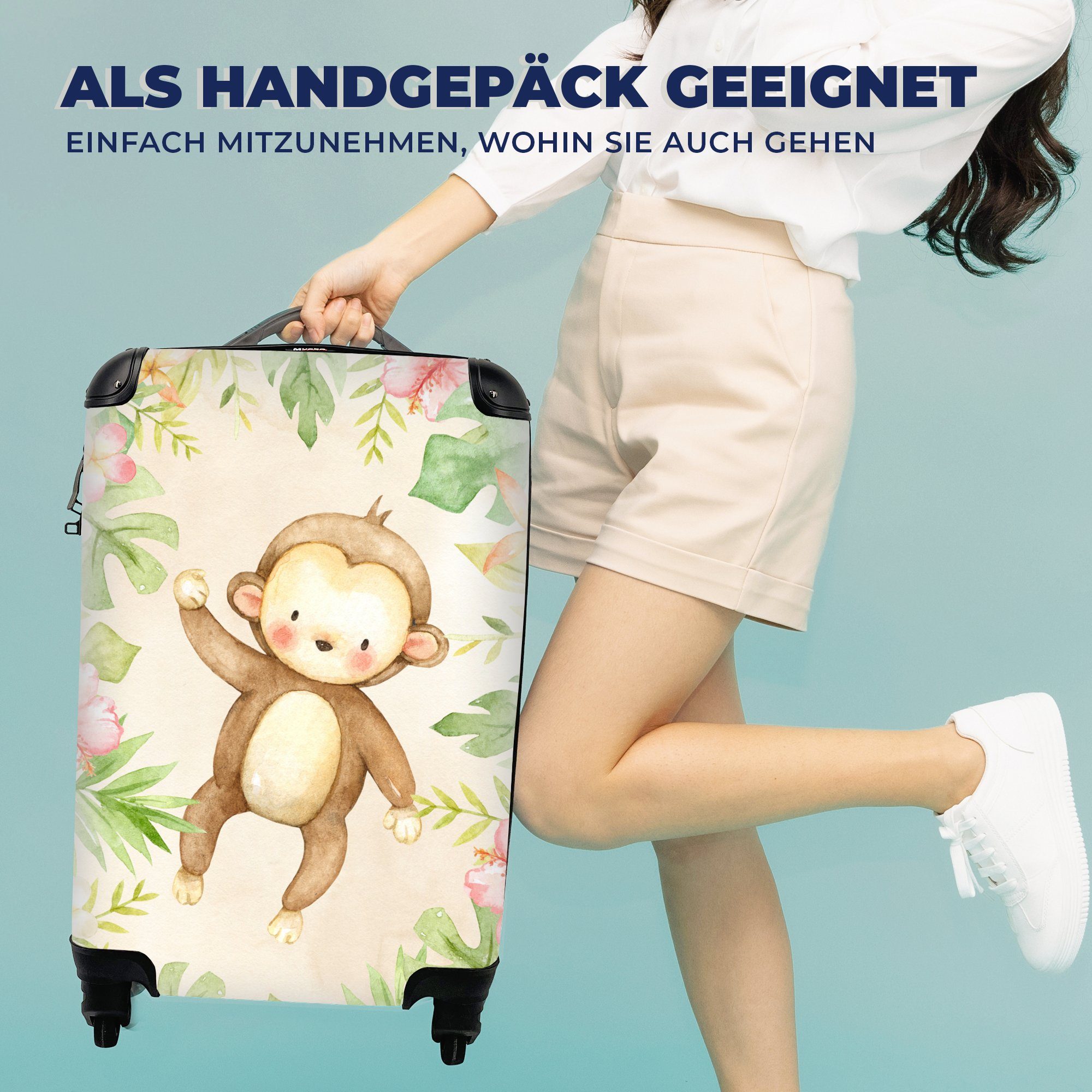 Ferien, mit Dschungel, 4 Reisetasche MuchoWow - rollen, Handgepäck Blumen - Handgepäckkoffer Reisekoffer Rollen, - Affe Trolley, Pflanzen für