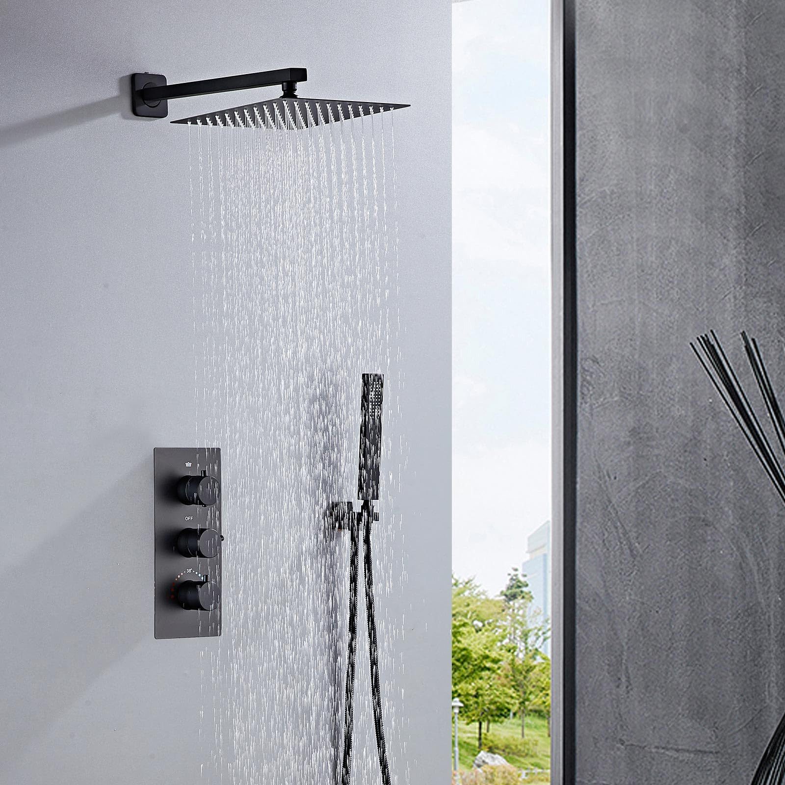 SaniteModar Duschsystem mit Duschmischer, Handbrause und Kopfbrause, 2 Strahlart(en), Thermostatisches Einbau-Duschset, Kopfbrause: 25×25 cm
