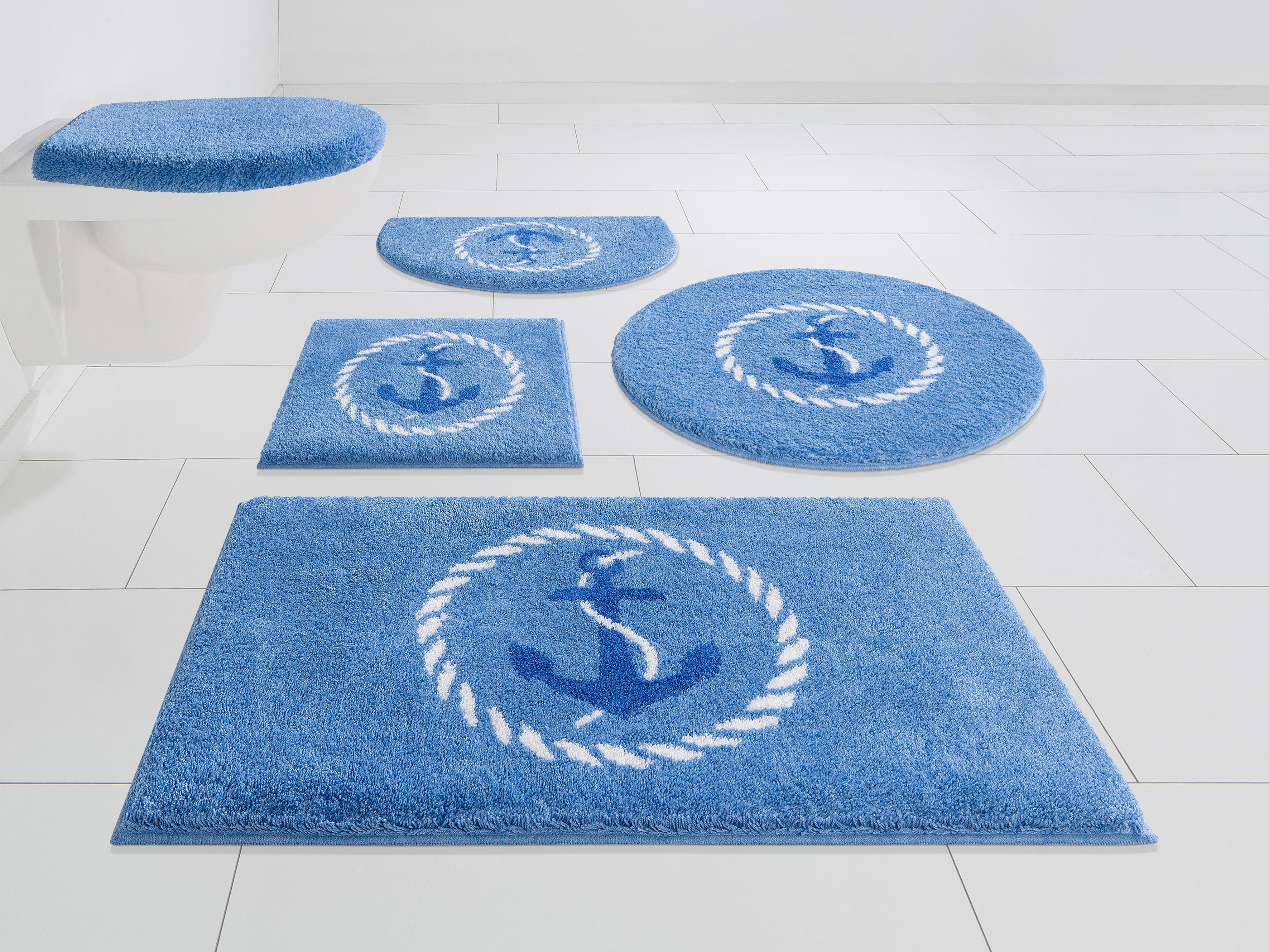 Grund Badematte Port Louis, Höhe 20 mm, rutschhemmend beschichtet, fußbodenheizungsgeeignet, Kunstfaser, rechteckig, 3-tlg. Hänge-WC Set, Design mit Anker, maritim, Made in Europe