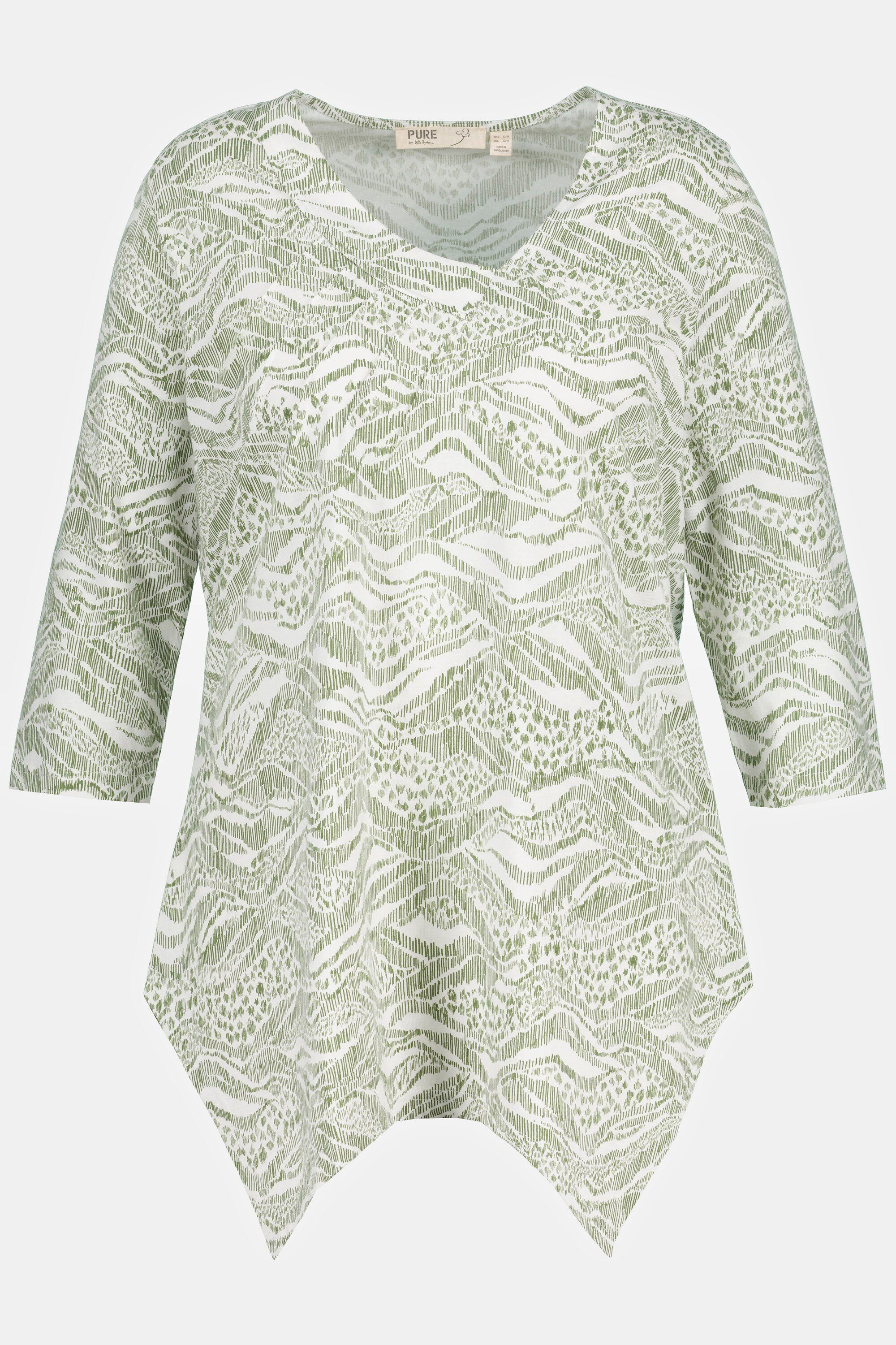Popken Shirt Ulla Zipfelsaum Biobaumwolle V-Ausschnitt 3/4-Arm moosgrün Longshirt