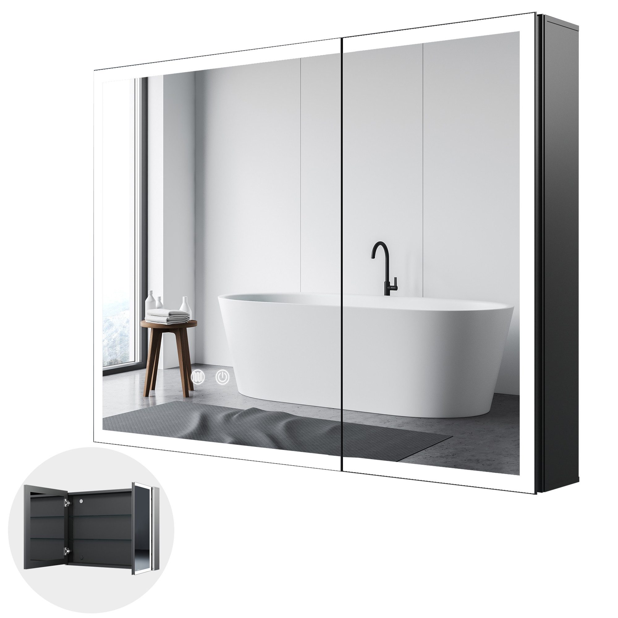 Badspiegel Spiegelschrank Badschrank Schwarz mit LED Beleuchtung Alu Schranktür