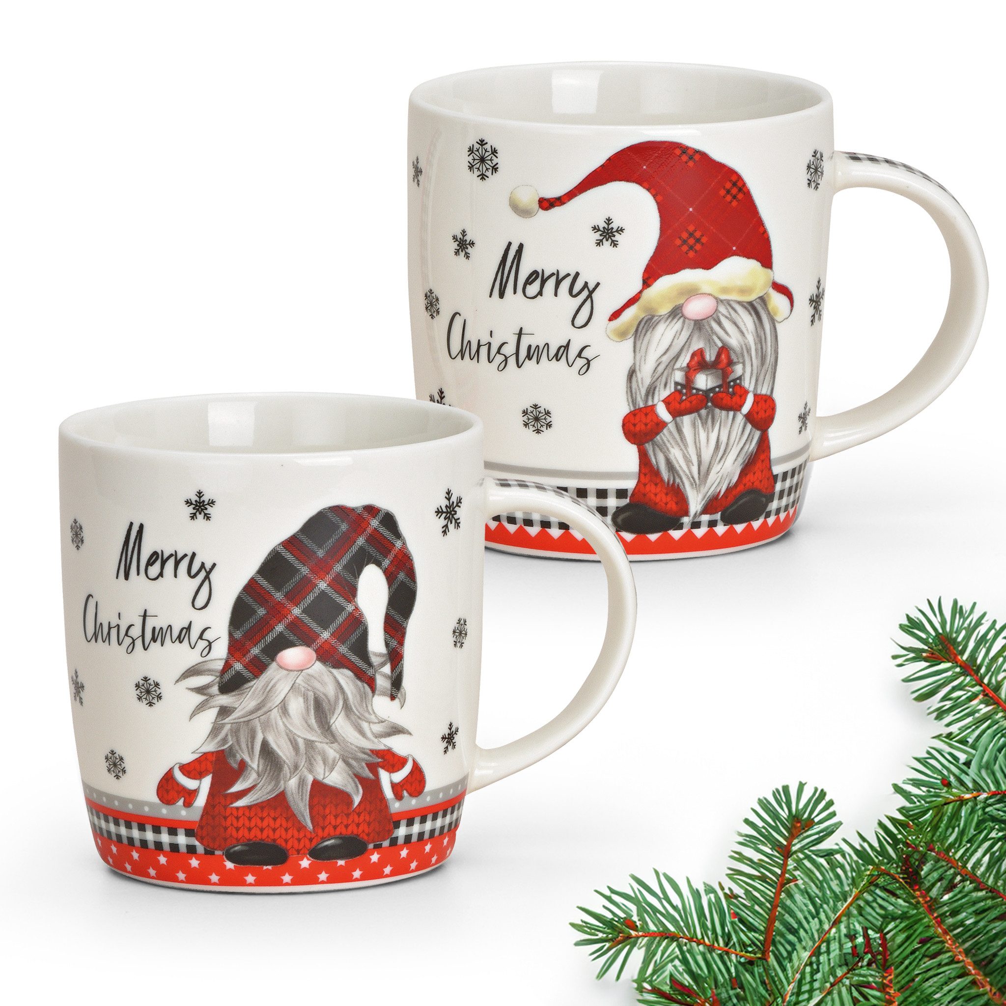matches21 HOME & HOBBY Tasse Weihnachtstassen 2er Set mit Spruch Merry Christmas Wichtel, 2-tlg., Porzellan, Tee Kaffee-Becher, Weihnachten, modern, grau weiss rot, 340 ml