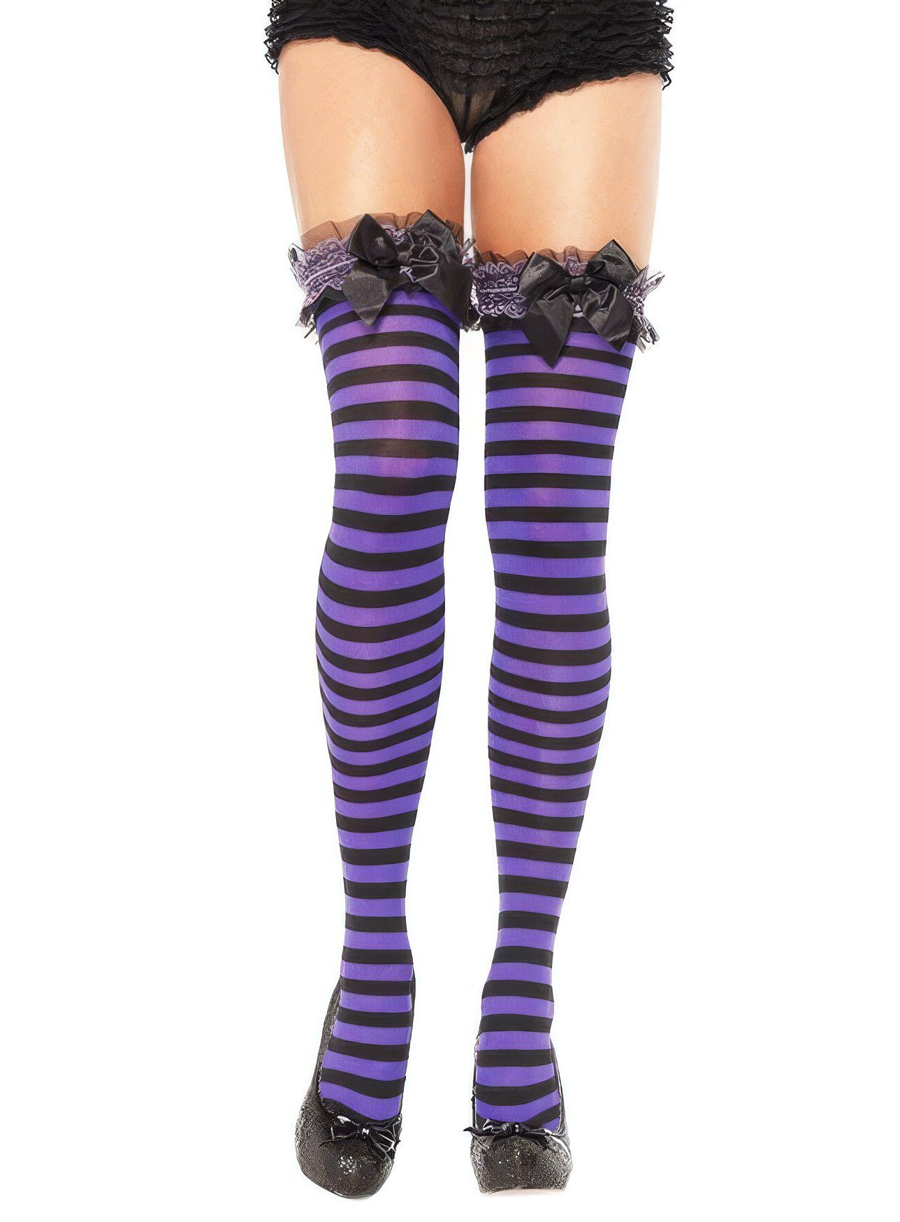 Leg Avenue Socken Hexen Overknees - Halloween Strumpfhosen Damen Lange, gestreifte Strümpfe mit Blumenbinde