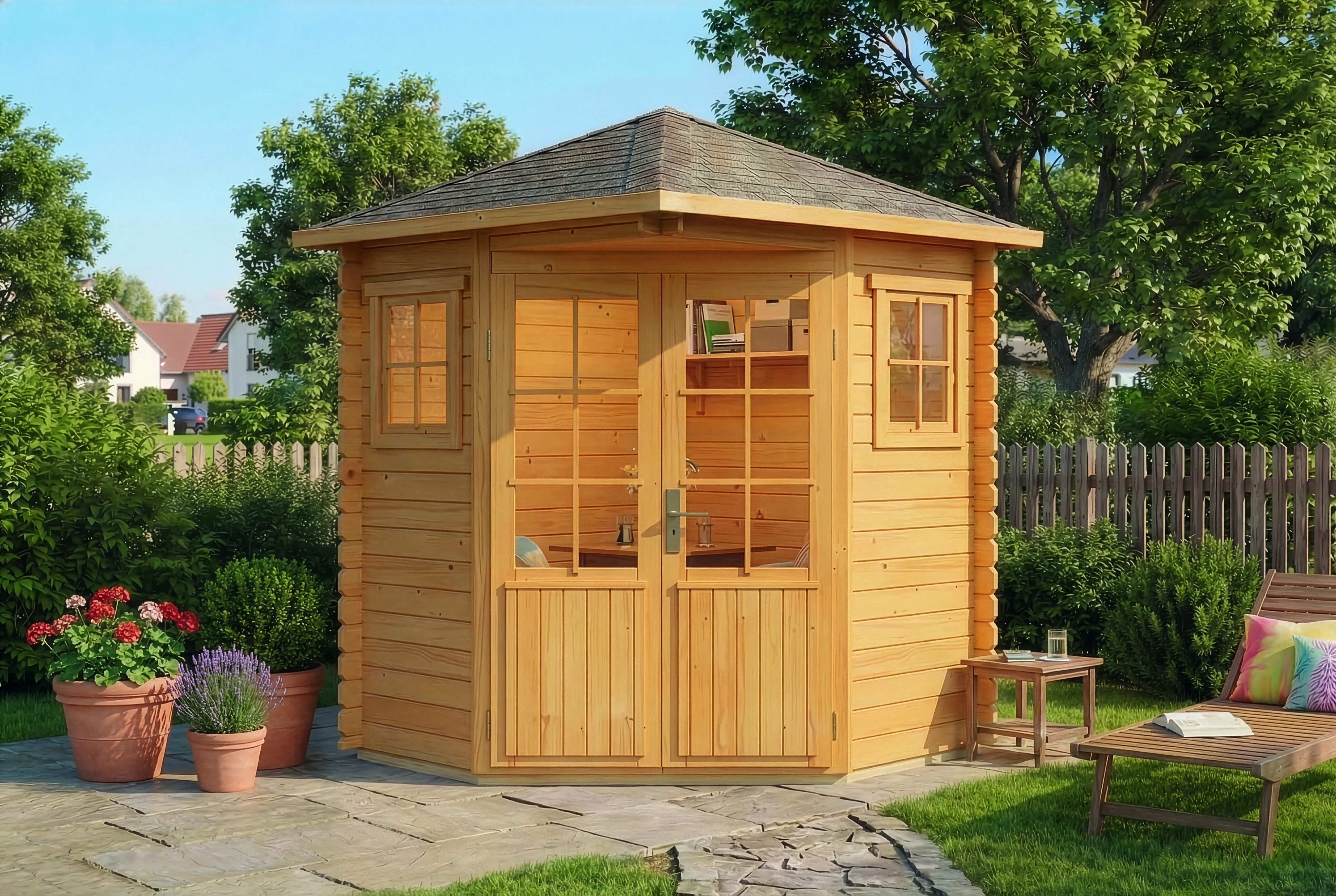 Alpholz Gartenhaus Holz 5-Eck Sunny A Imprägniert 28mm Wandstärke, BxT: 220x220 cm, in Imprägniert (Pinie) mit 28mm Wandstärke