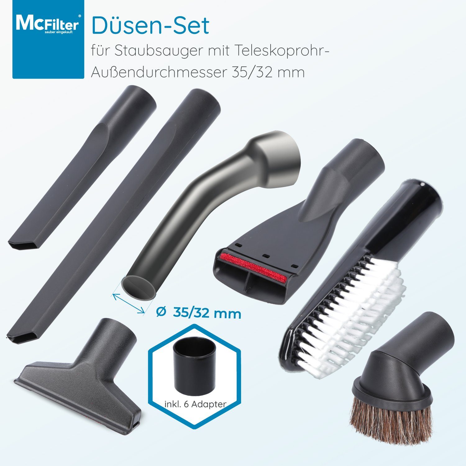 McFilter Staubsaugerdüsen-Set 12-teilig geeignet für Siemens VSQ5X1230 Q5.0 Extreme Silence Power, (12-tlg), Polsterdüse, Fugendüse, Flachpolsterdüse, Möbelpinsel, Bürste, Adapter