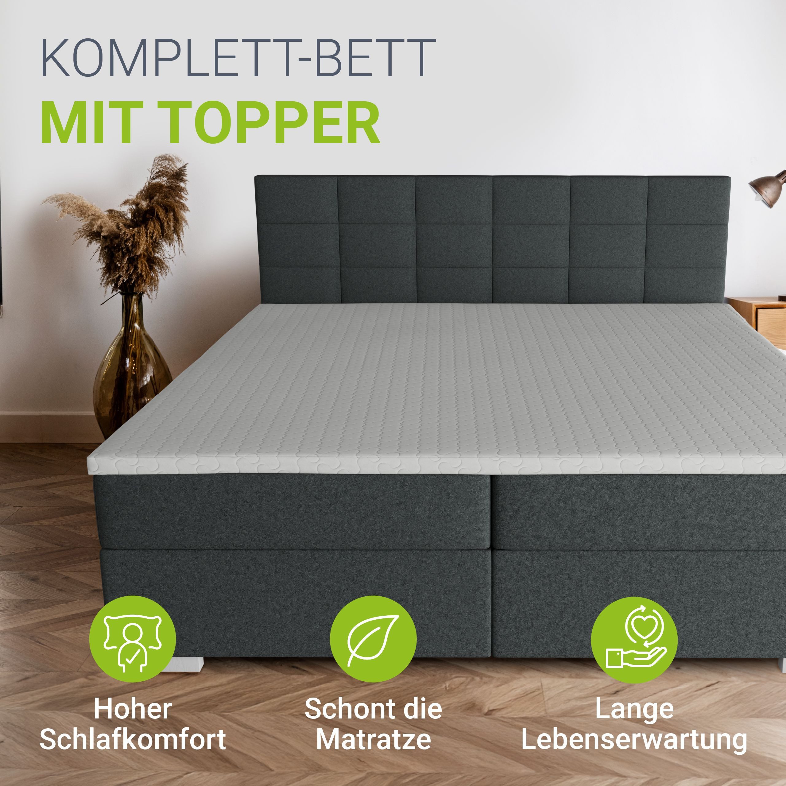 Juskys Boxspringbett Seattle, 180x200 cm, mit Stoff-Bezug, Federkernmatratze, Topper und Kopfteil