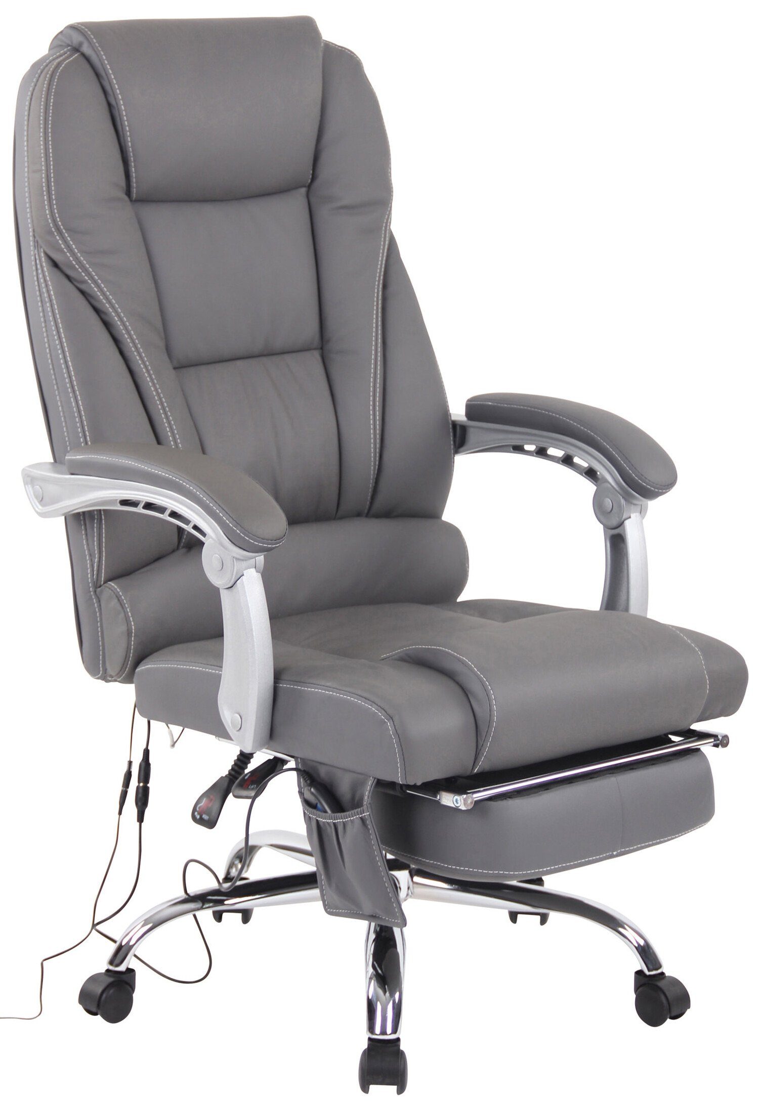 TPFLiving Bürostuhl Pacira mit Massagefunktion - höhenverstellbar und 360° drehbar (Schreibtischstuhl, Drehstuhl, Chefsessel, Bürostuhl XXL), Gestell: Metall chrom - Sitzfläche: Echtleder grau