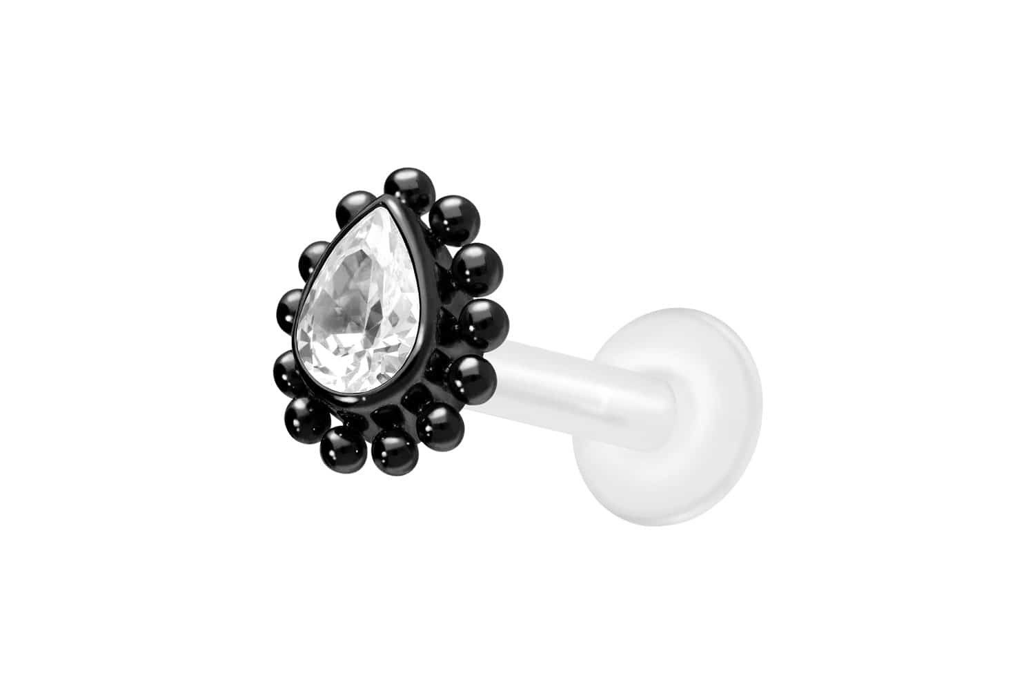 Piercing-Set PTFE Labret mit Innengewinde + Titan-Aufsatz KRISTALLTROPFEN + KUGELN