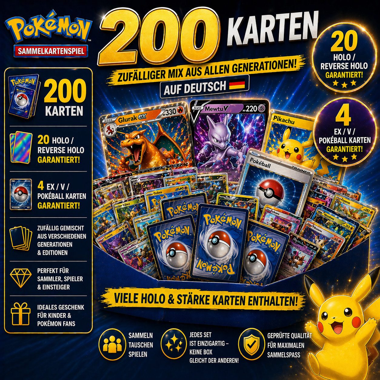 The Pokémon Company Sammelkarte Pokémon Karten Set Deutsch – 50/100/200/500 Karten inkl. Holo & EX Mix