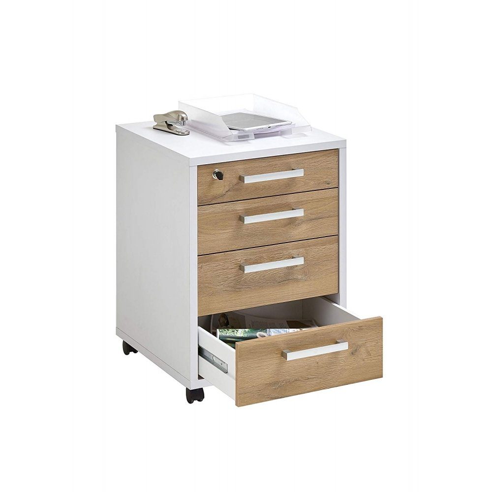 FMD Möbel Schreibtisch CALVIA Weiß / Alteiche Rollcontainer Schubladenwagen  Druckerwagen für Büro FMD