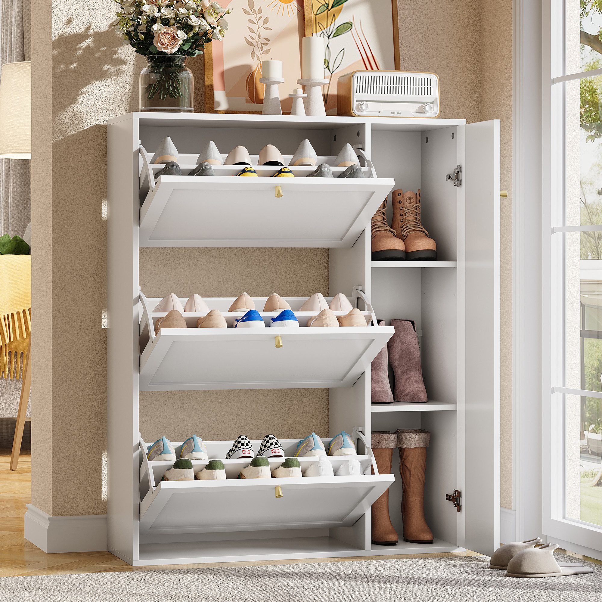 Flieks Schuhschrank mit 3 Klappen und verstellbaren Einlegeböden (1-St., B90/T25/H114 cm) Schuhkipper Schuhkommode Schuhregal für Flur Weiß