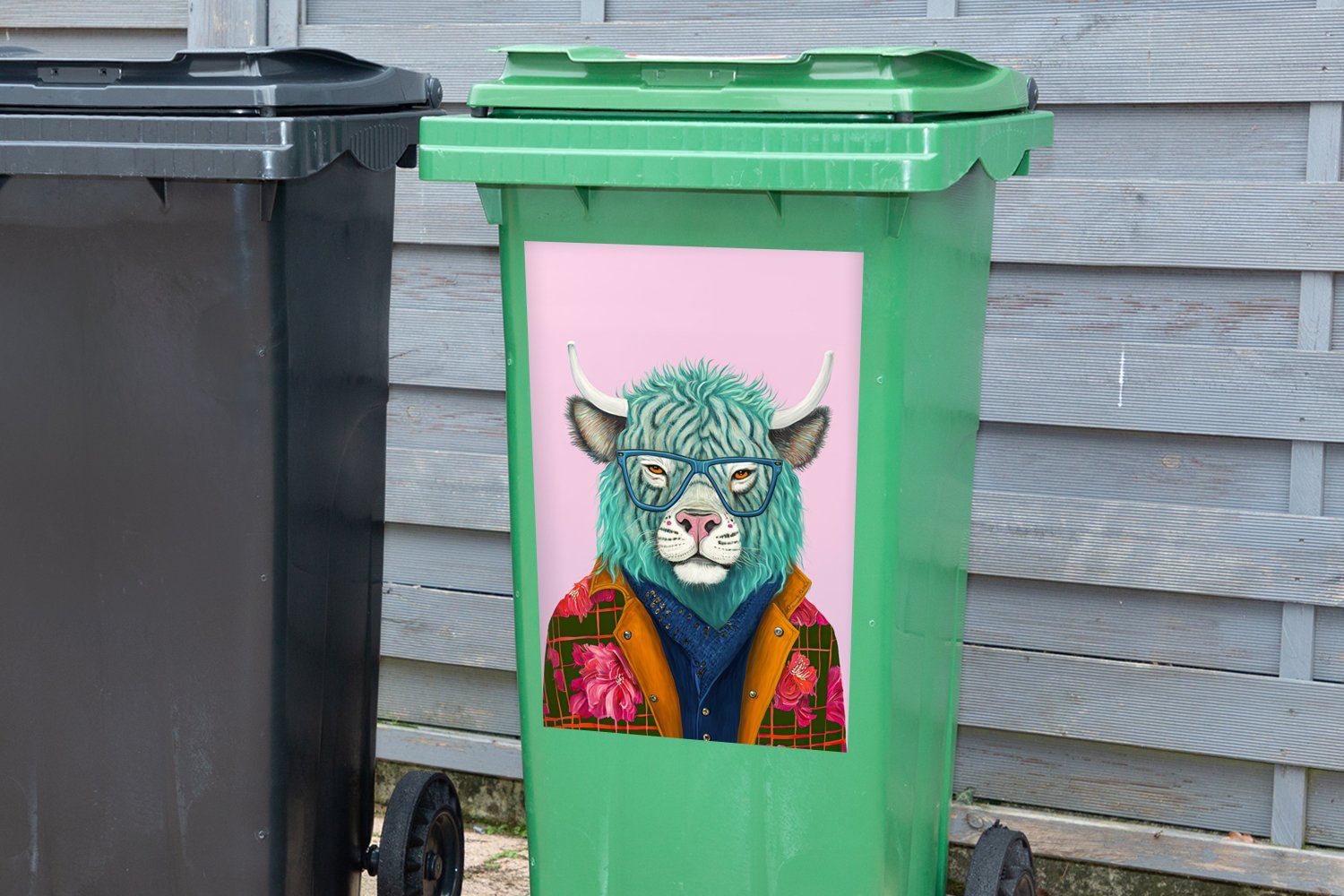 Hörner - Container, - Kuh Mülltonne, Tier (1 Büffel Blumen Wandsticker - St), - MuchoWow Abfalbehälter Sticker, Mülleimer-aufkleber,