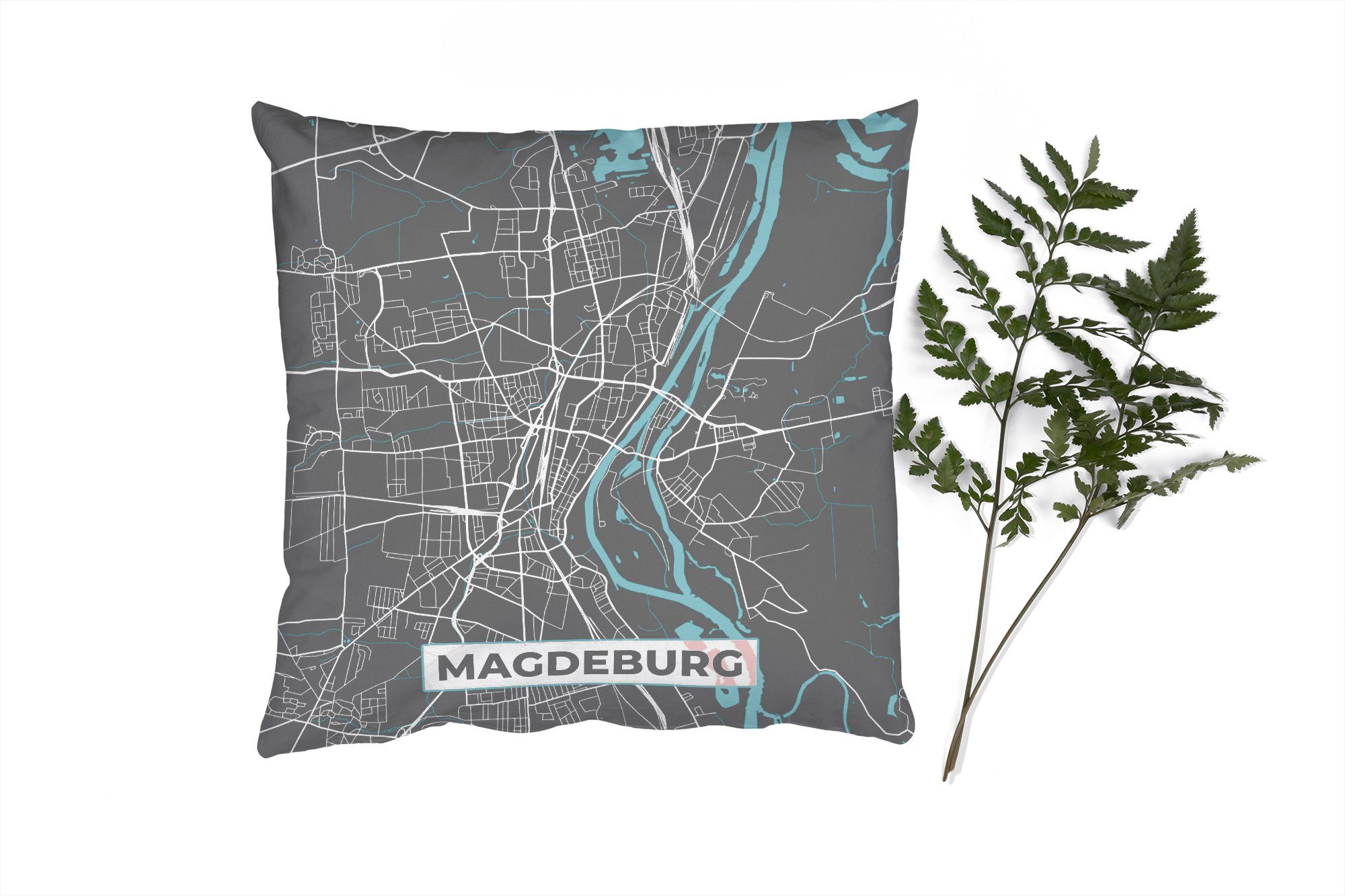 MuchoWow Dekokissen Stadtplan - Magdeburg - Deutschland - Karte, Zierkissen mit Füllung für Wohzimmer, Schlafzimmer, Deko, Sofakissen