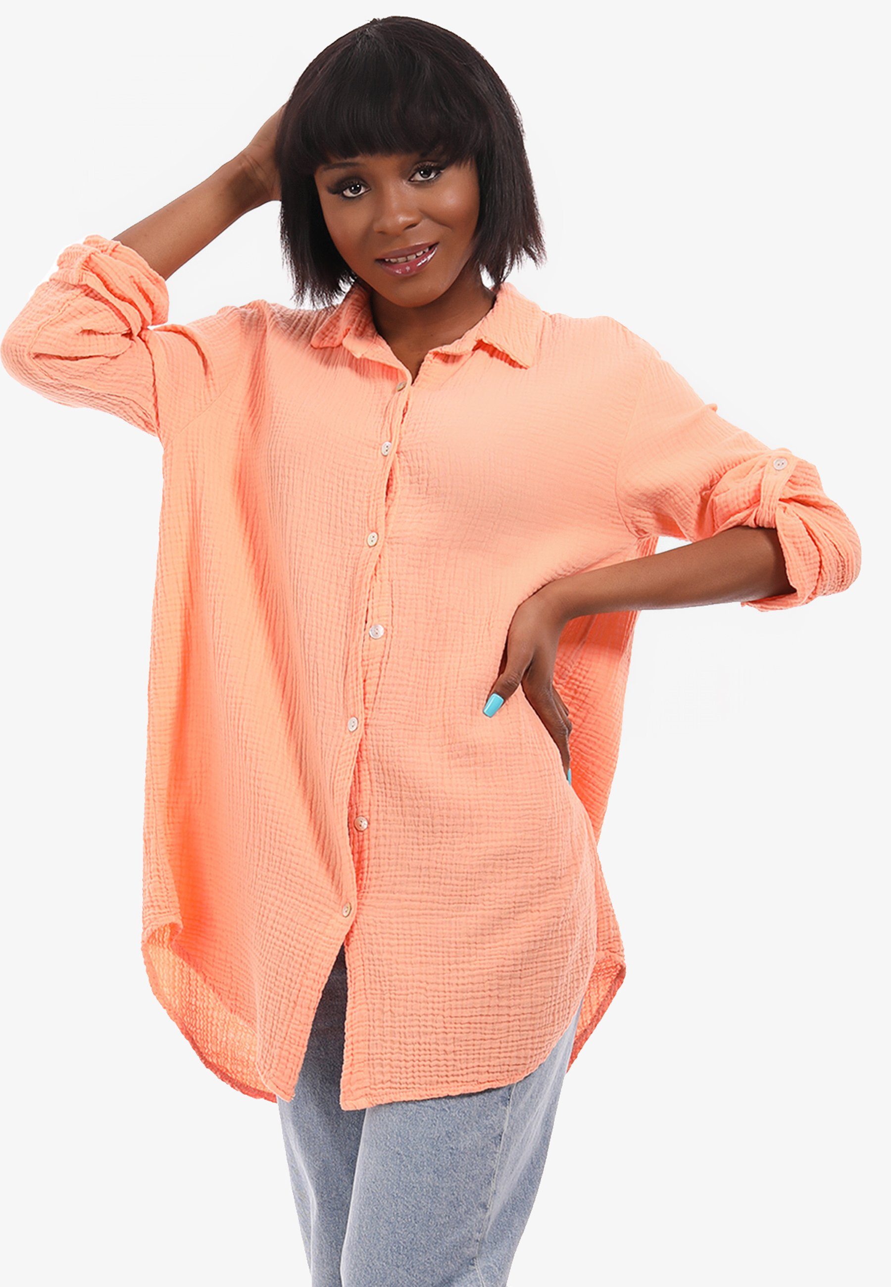 weicher (1-tlg) YC Langarm, One Herrlich orange-hell Hemdbluse Style Oversized Fashion Size Musselin Long & Uni, Bluse Casual bluse