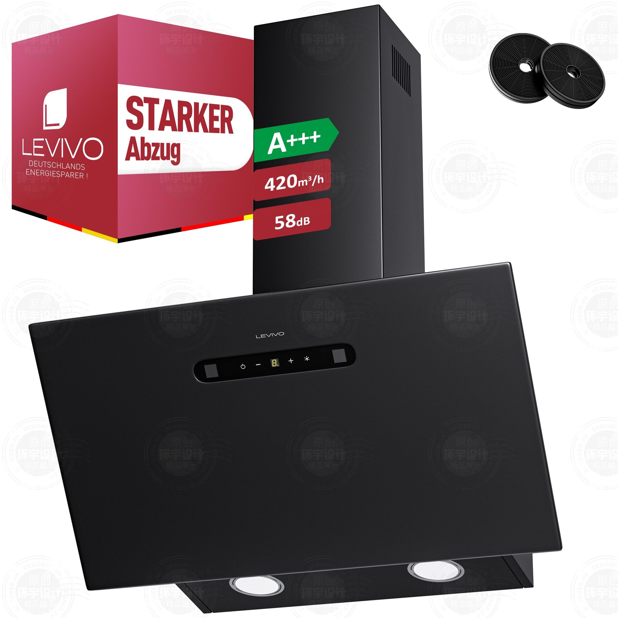 Levivo Kopffreihaube A+++ Dunstabzugshaube 60cm Umluft & Abluft mit 420 m³/h Luftleistung A+++ Dunstabzugshaube 60cm Umluft & Abluft mit 420 m³/h Luftleistung, Aktivkohlefiltern, Fettfiltern, LED-Beleuchtung